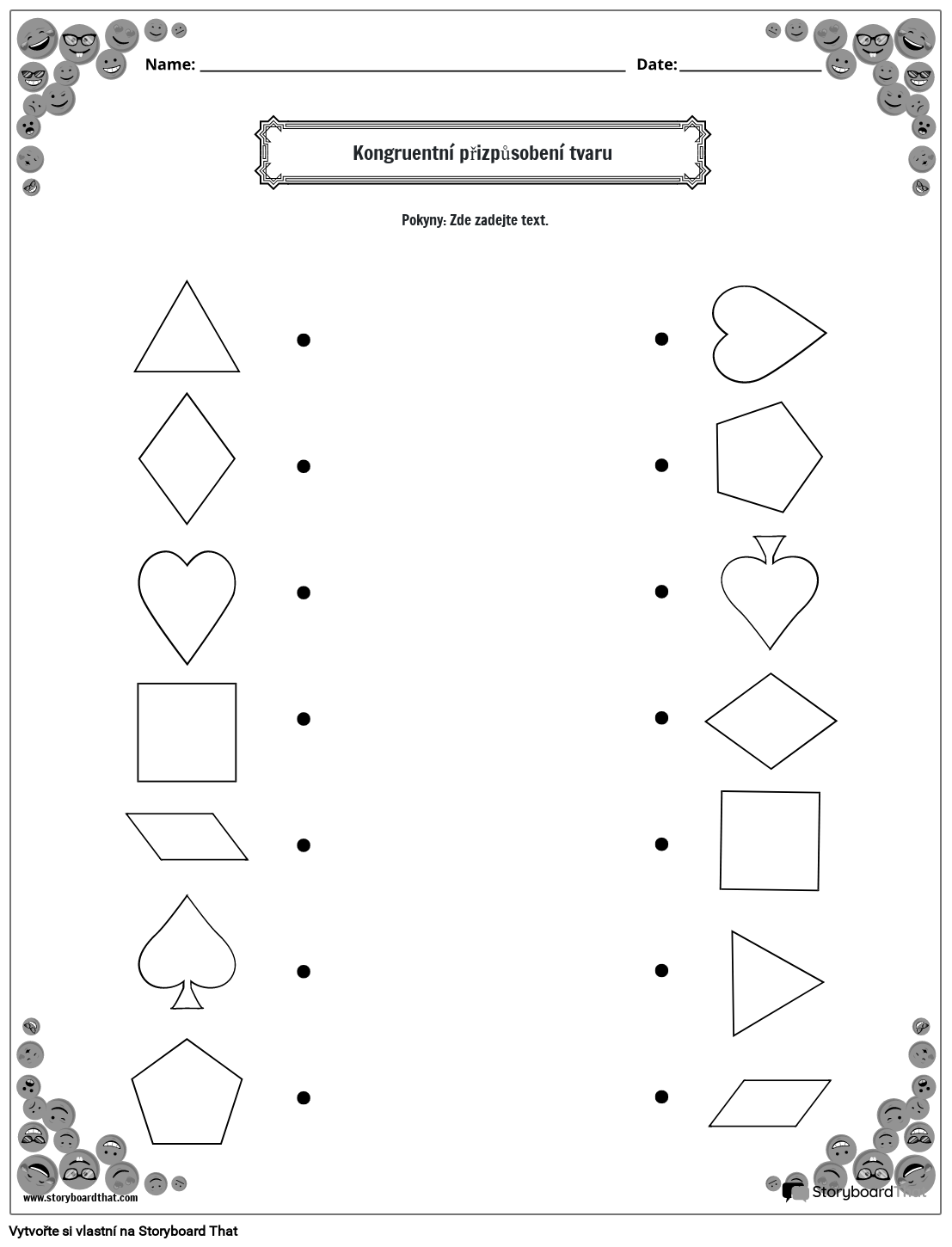 Pracovní list Přiřazování shodných tvarů s okrajem smajlíků (černé a bílé