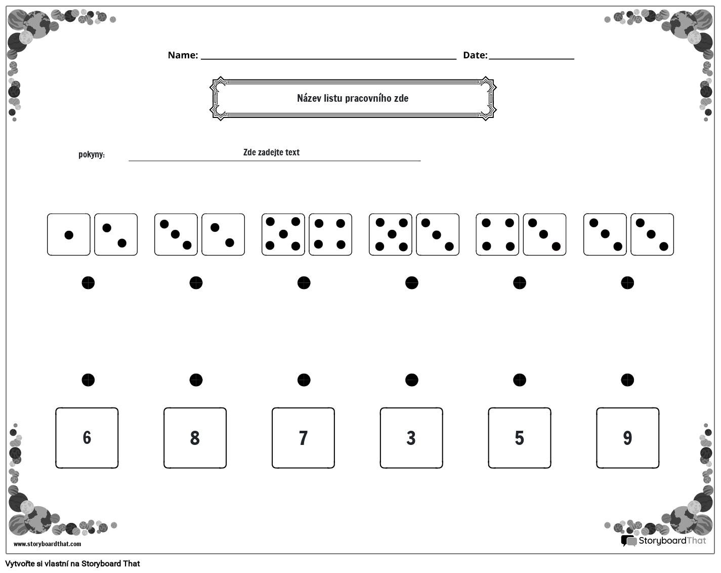 Pracovní list pro porovnávání a počítání kostek (černobílý)