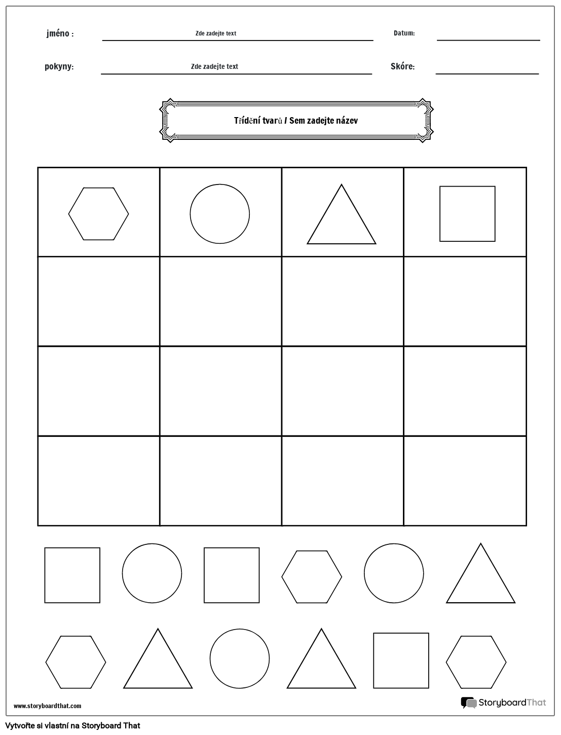 Pracovní list s tříděním tvarů (černobílý)
