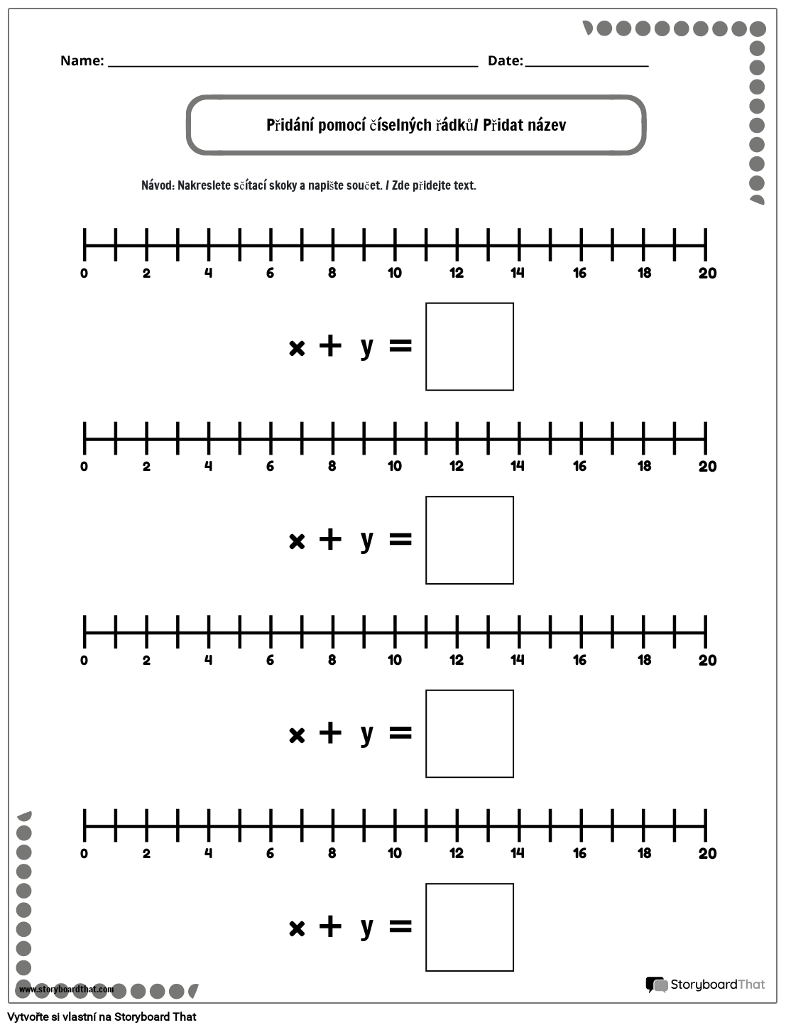 Pracovní list sčítání číselné řady s puntíkovaným okrajem - černobílý