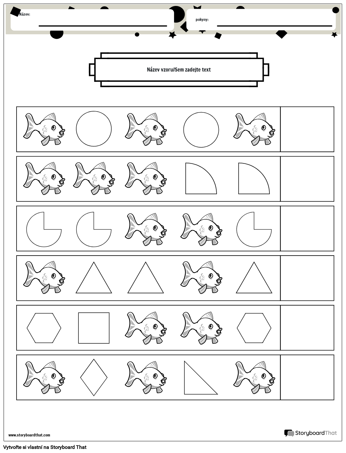 Pracovní list se vzorem ryb a tvarů (černobílý)