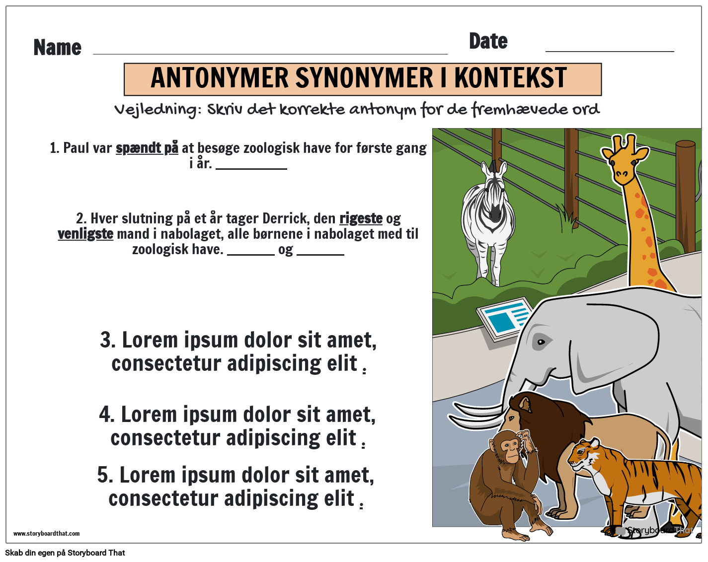 Antonymer og synonymer i kontekst regneark