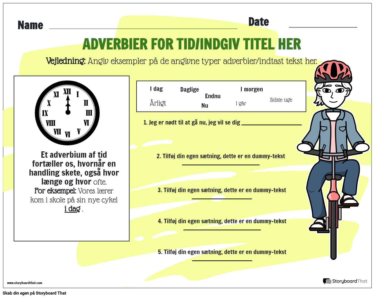 Arbejdsark for adverbier af tid