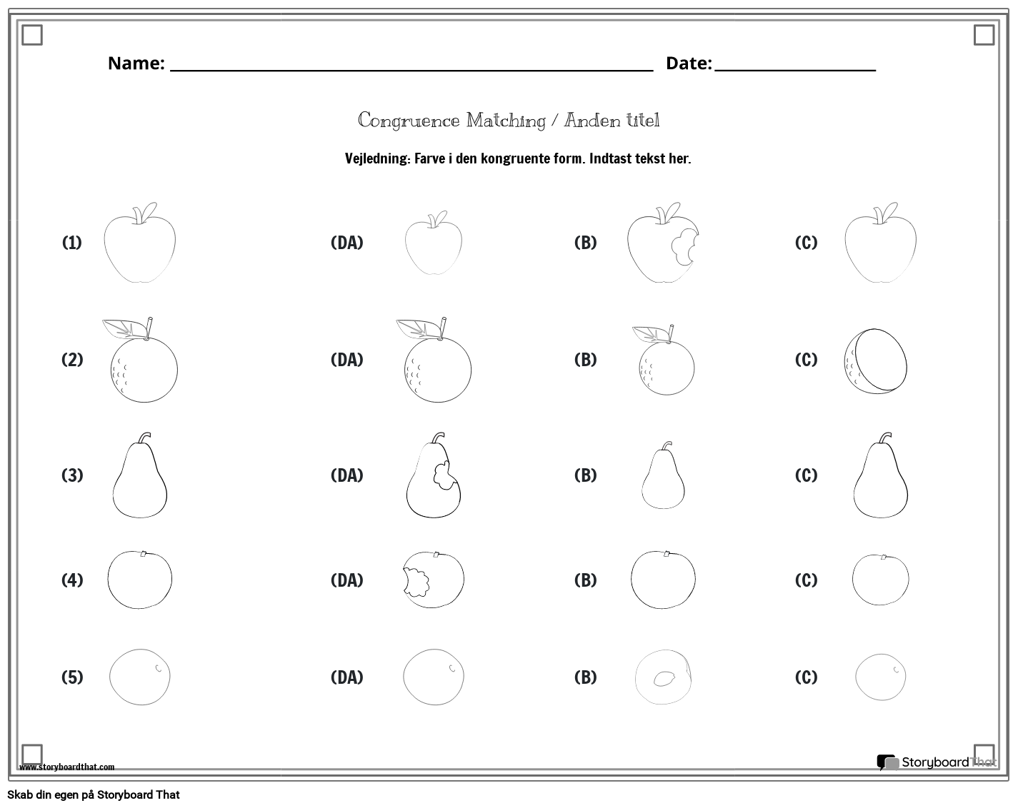 Frugter Congruent Shapes Arbejdsark - BW