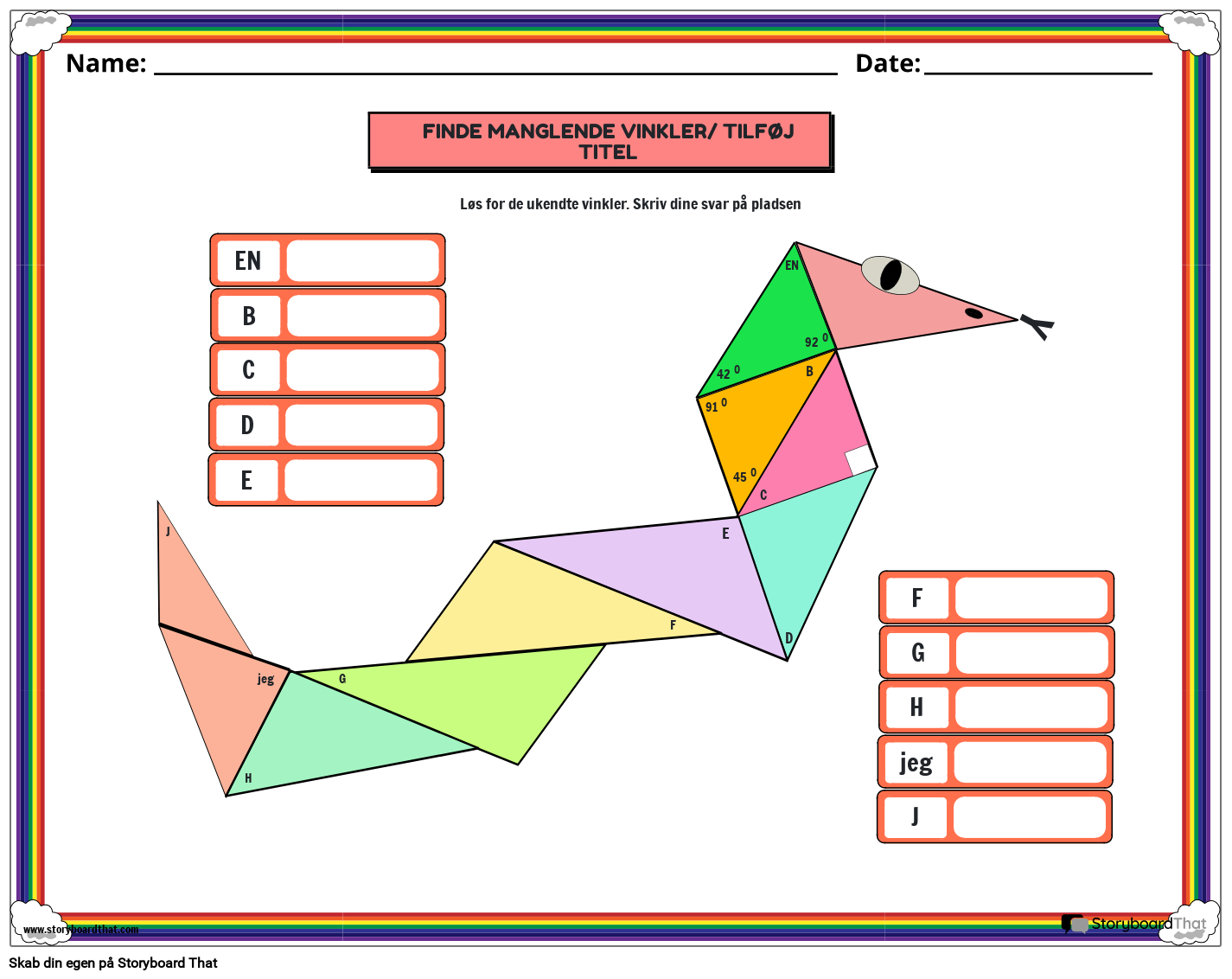Mål af vinkler i et trekant-regneark med farverig trekantslange