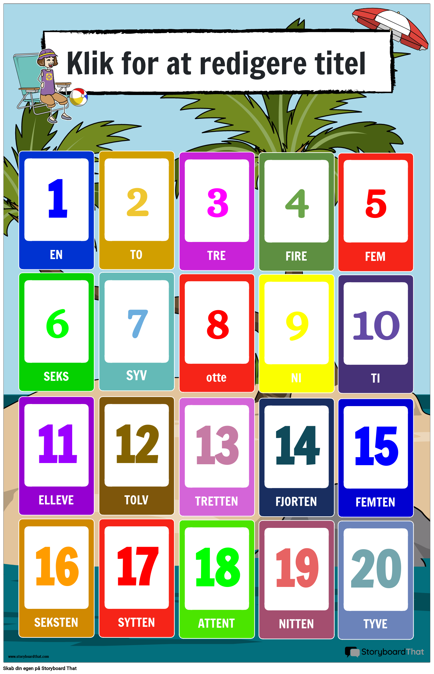 Nummerplakat med strandtema (1-20)