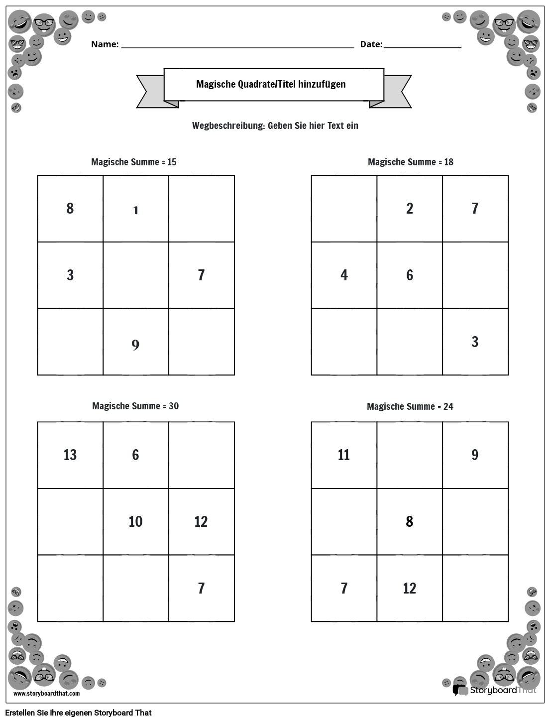 3x3 Magic Squares-Arbeitsblatt mit Smiley-Rand (schwarz und weiß)