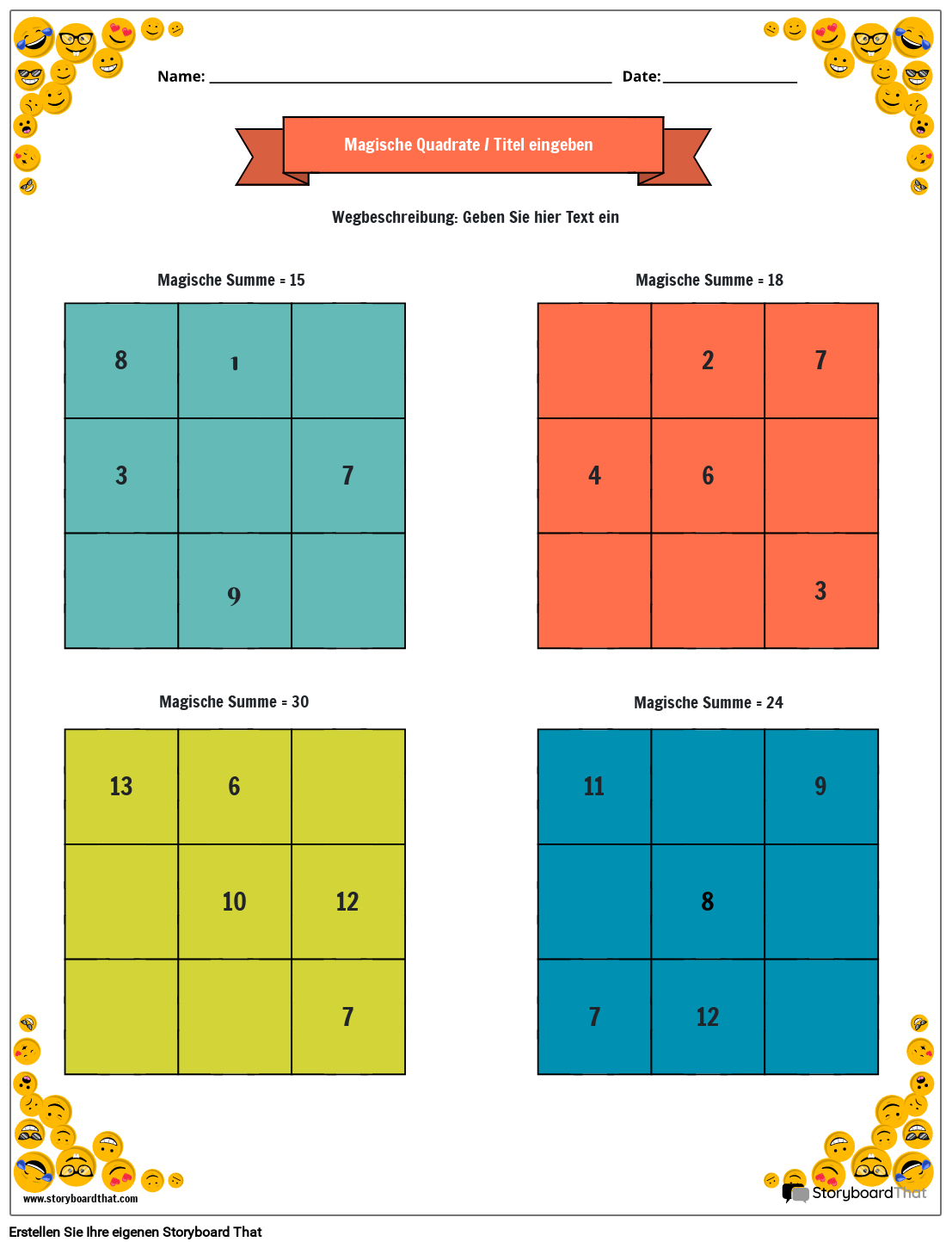 3x3 Magic Squares-Arbeitsblatt mit Smiley-Rand