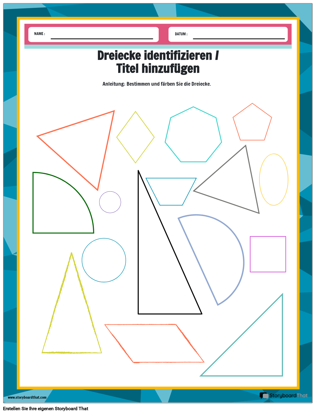 Arbeitsblatt zum Ausmalen von Dreiecken mit verschiedenen Formen