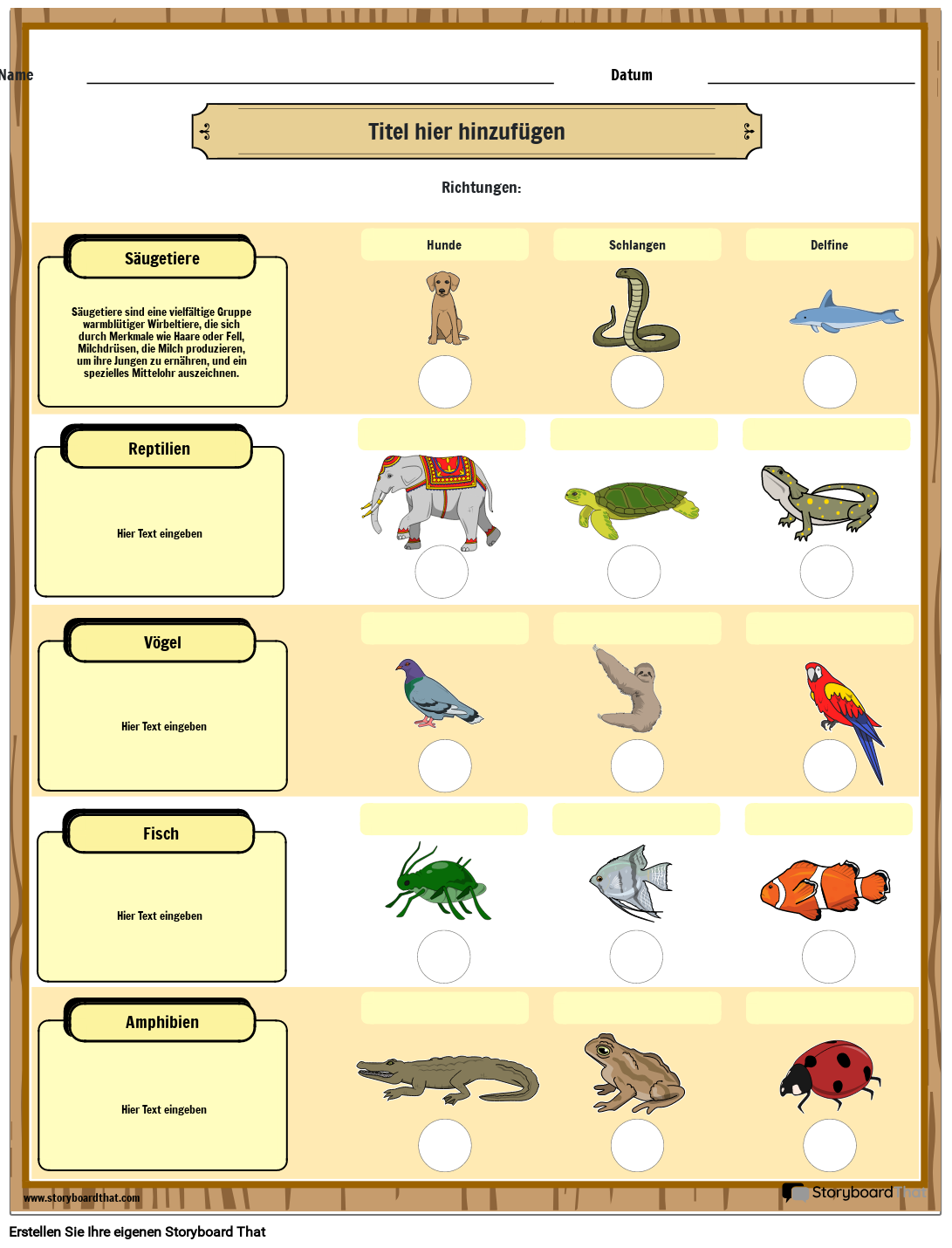 Arbeitsblatt zur Klassifizierung von Tieren
