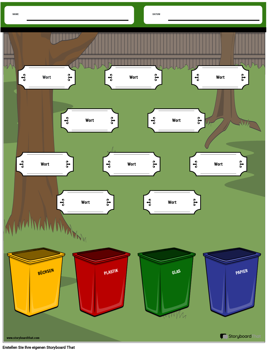 Arbeitsblatt zur Zuordnung von Recyclingbehältern
