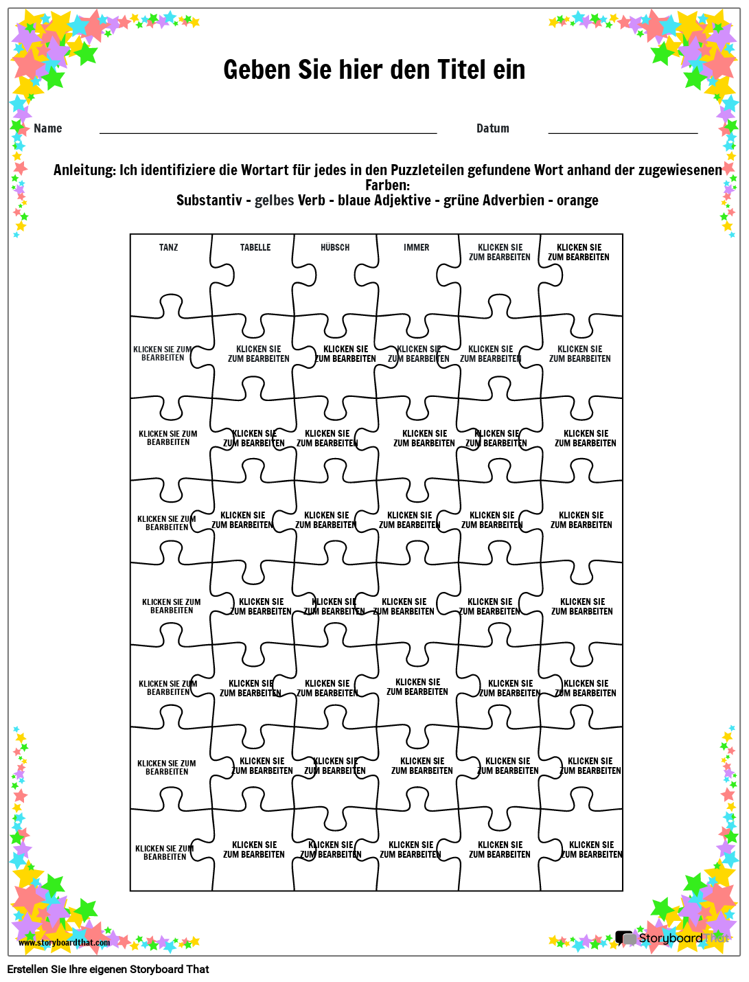 Puzzle-Grammatik-Arbeitsblatt mit Sternrand