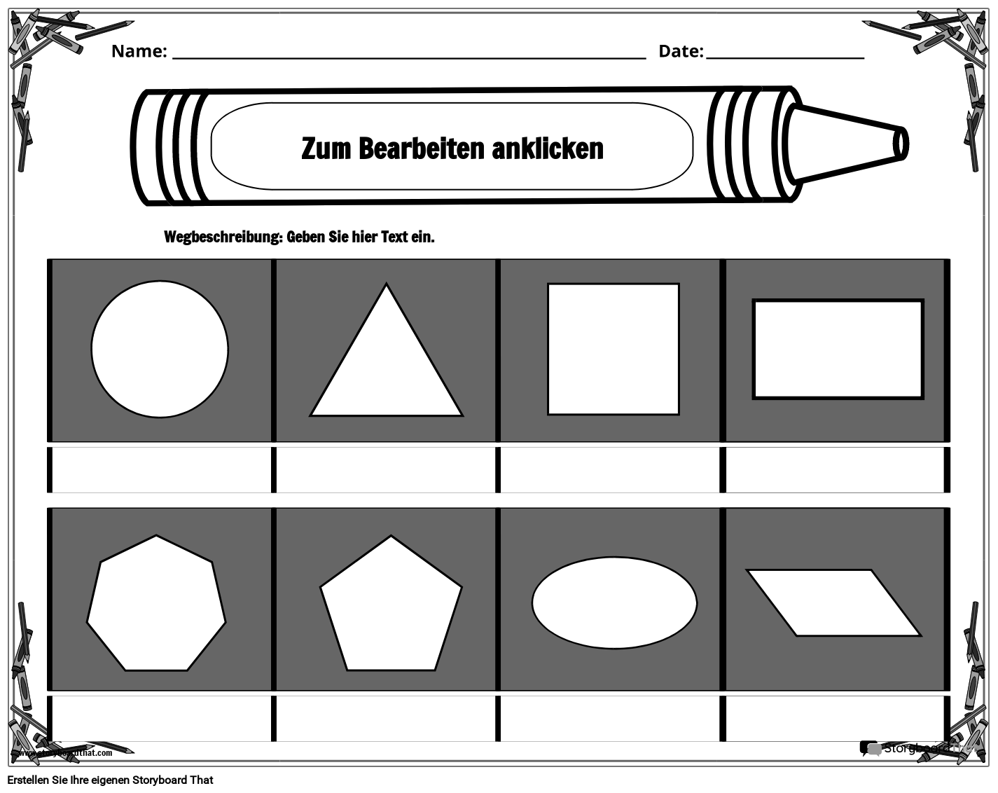 Von Buntstiften Inspiriertes 2D-Formen-Arbeitsblatt Schwarzweiß