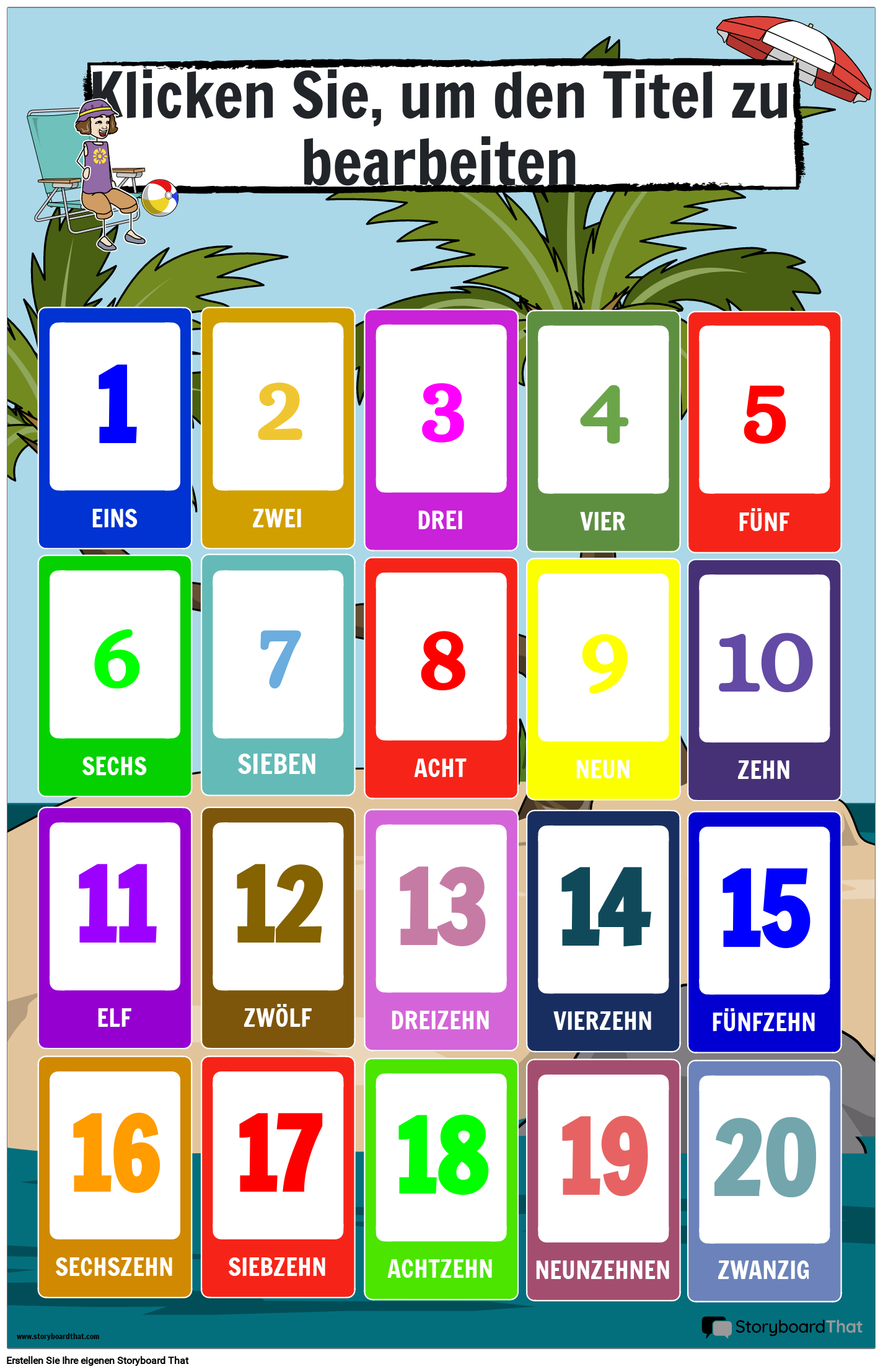 Zahlenposter mit Strandmotiv (1-20)