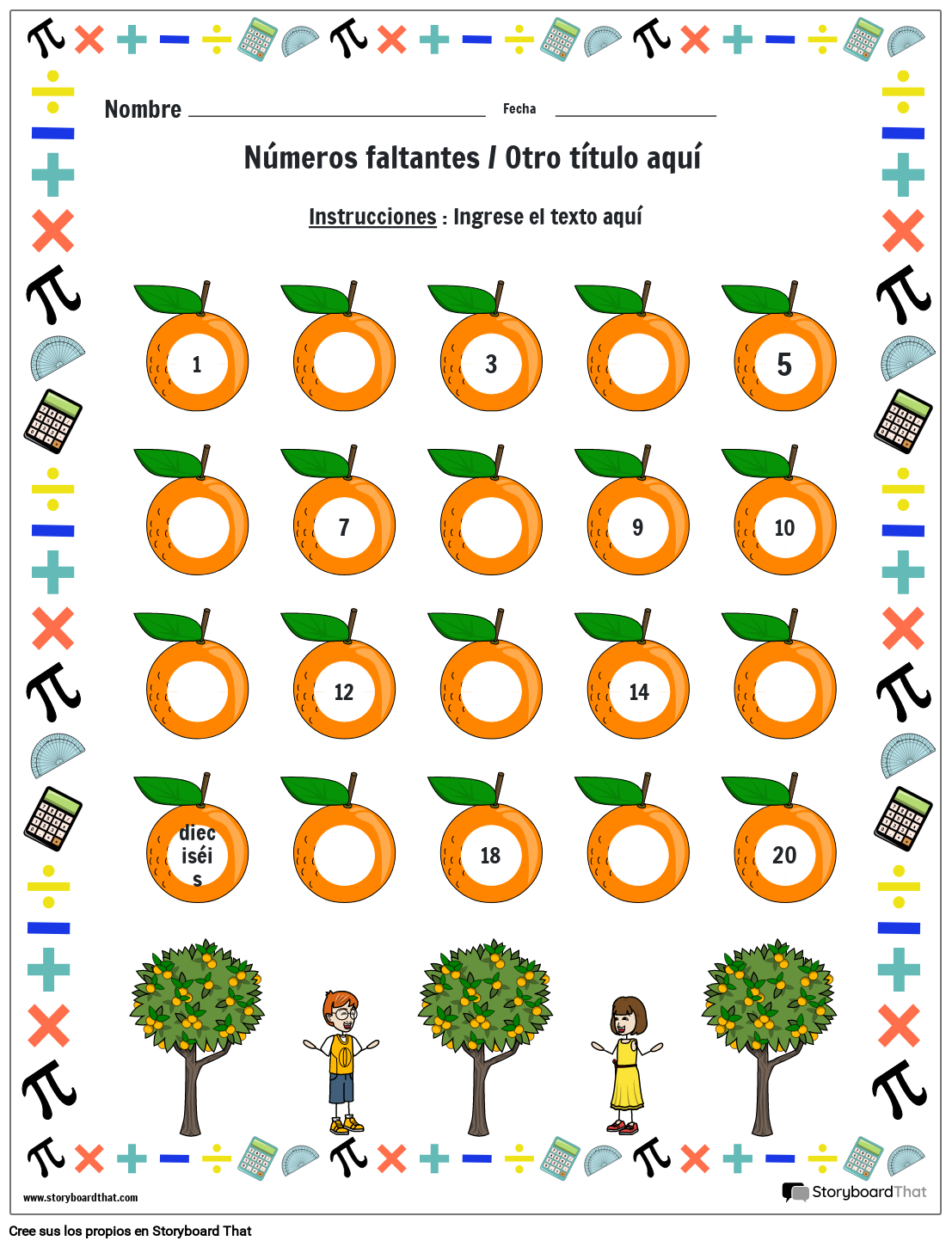 Hoja de cálculo de números faltantes con naranjas