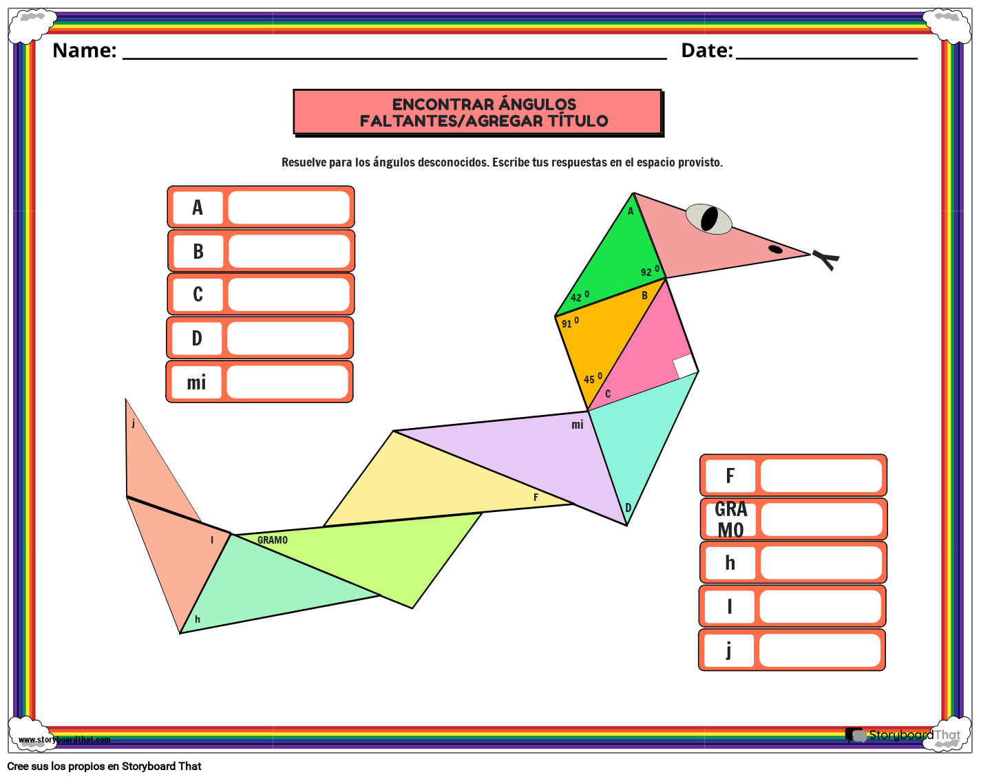 Hoja de trabajo de medida de ángulos en un triángulo con una colorida serpi