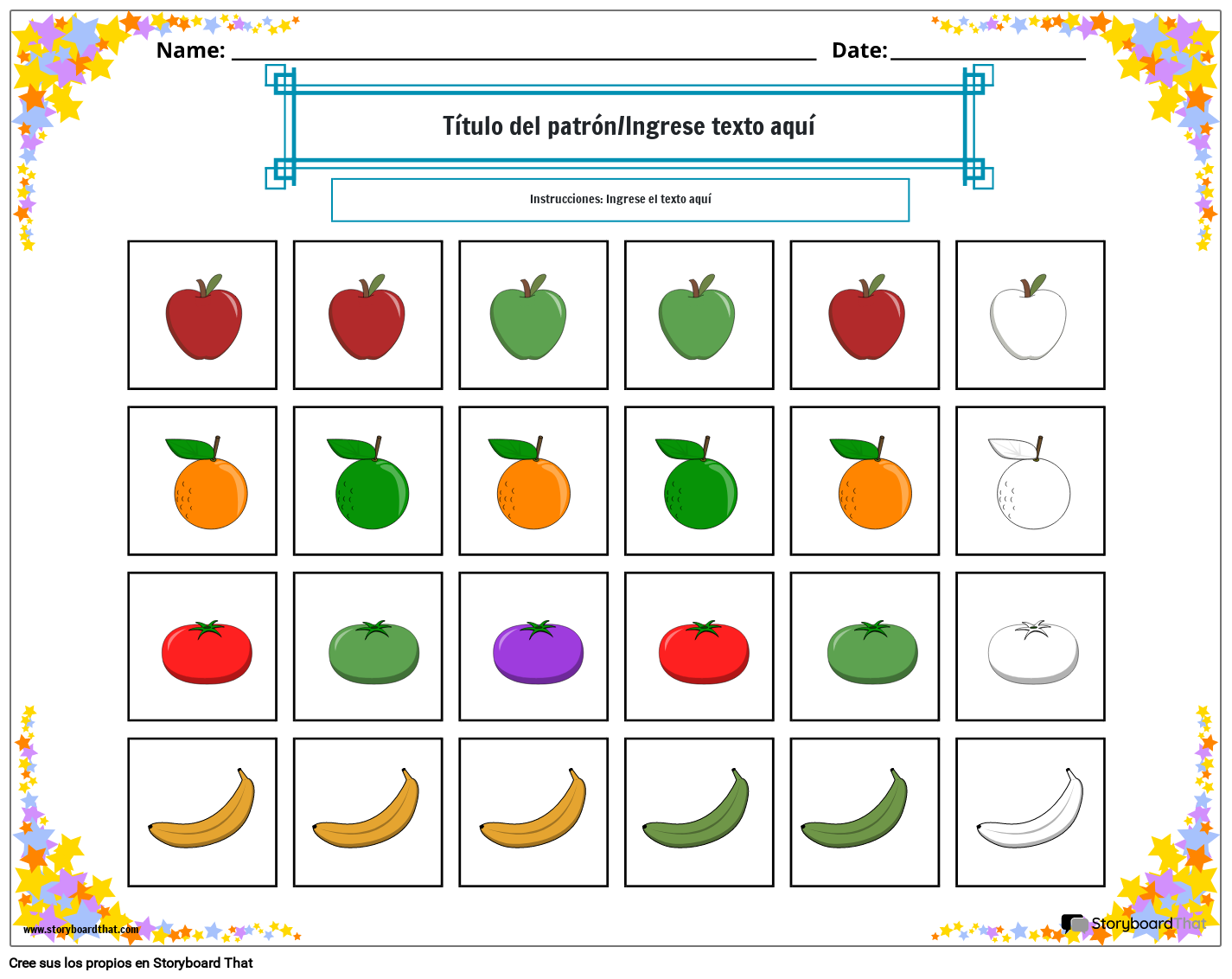 Hoja de trabajo de patrón de color de frutas