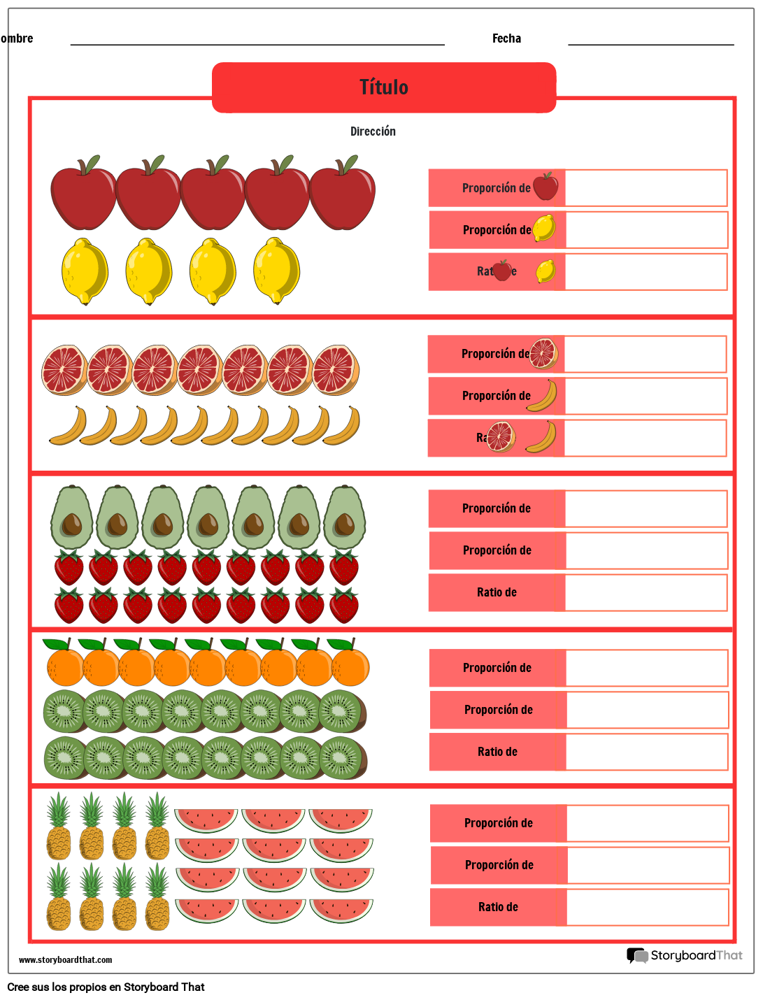Hoja de Trabajo de Proporciones con Temas de Frutas