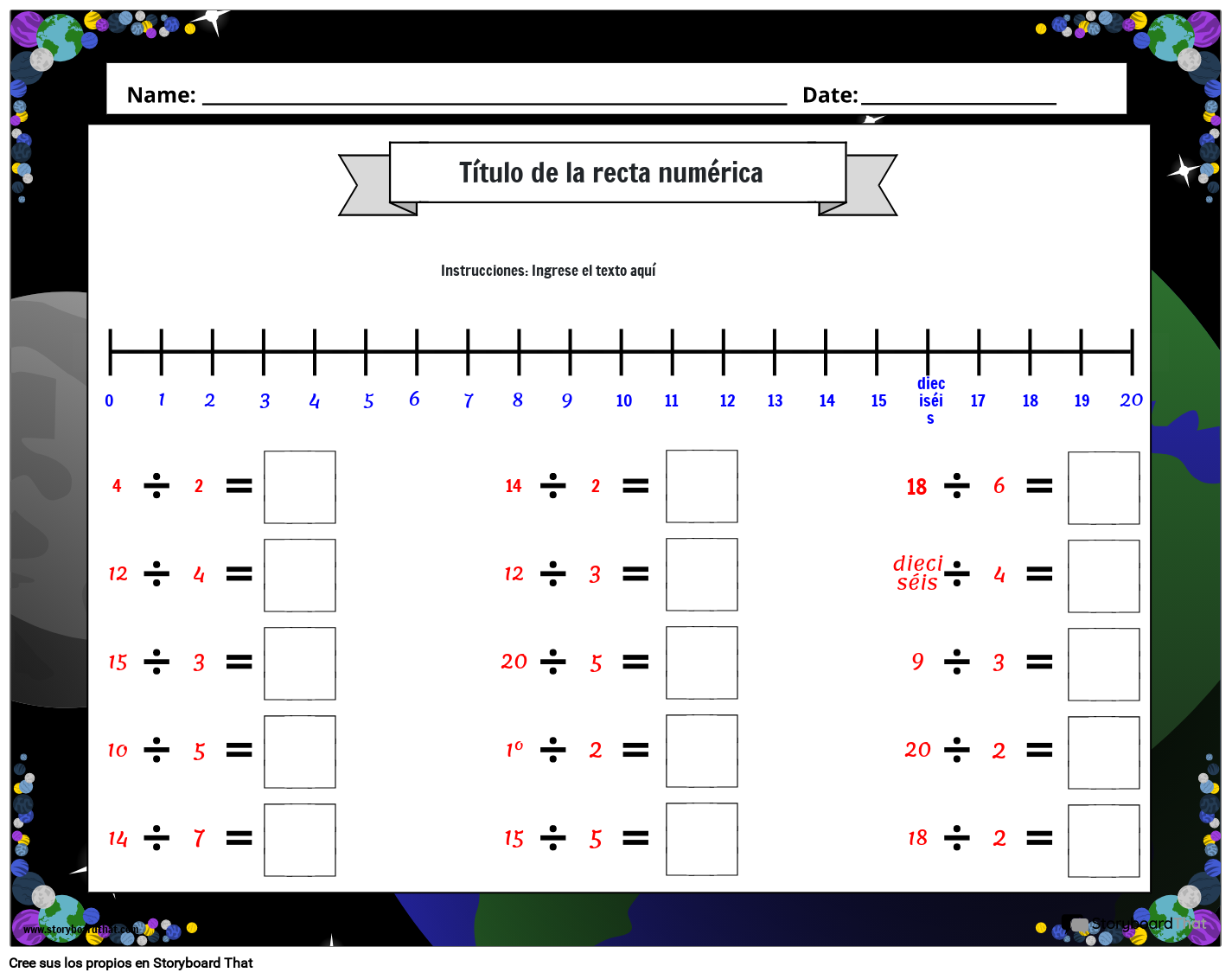 hoja de trabajo de recta numérica con temática espacial