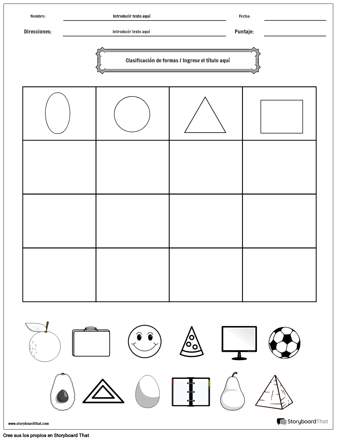 Hoja de trabajo para clasificar formas y elementos (blanco y negro)