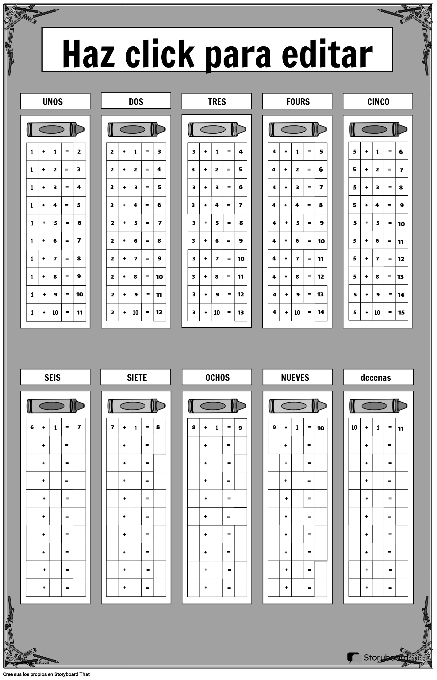 Póster de tablas de sumas listo para imprimir con motivo de crayones en bla