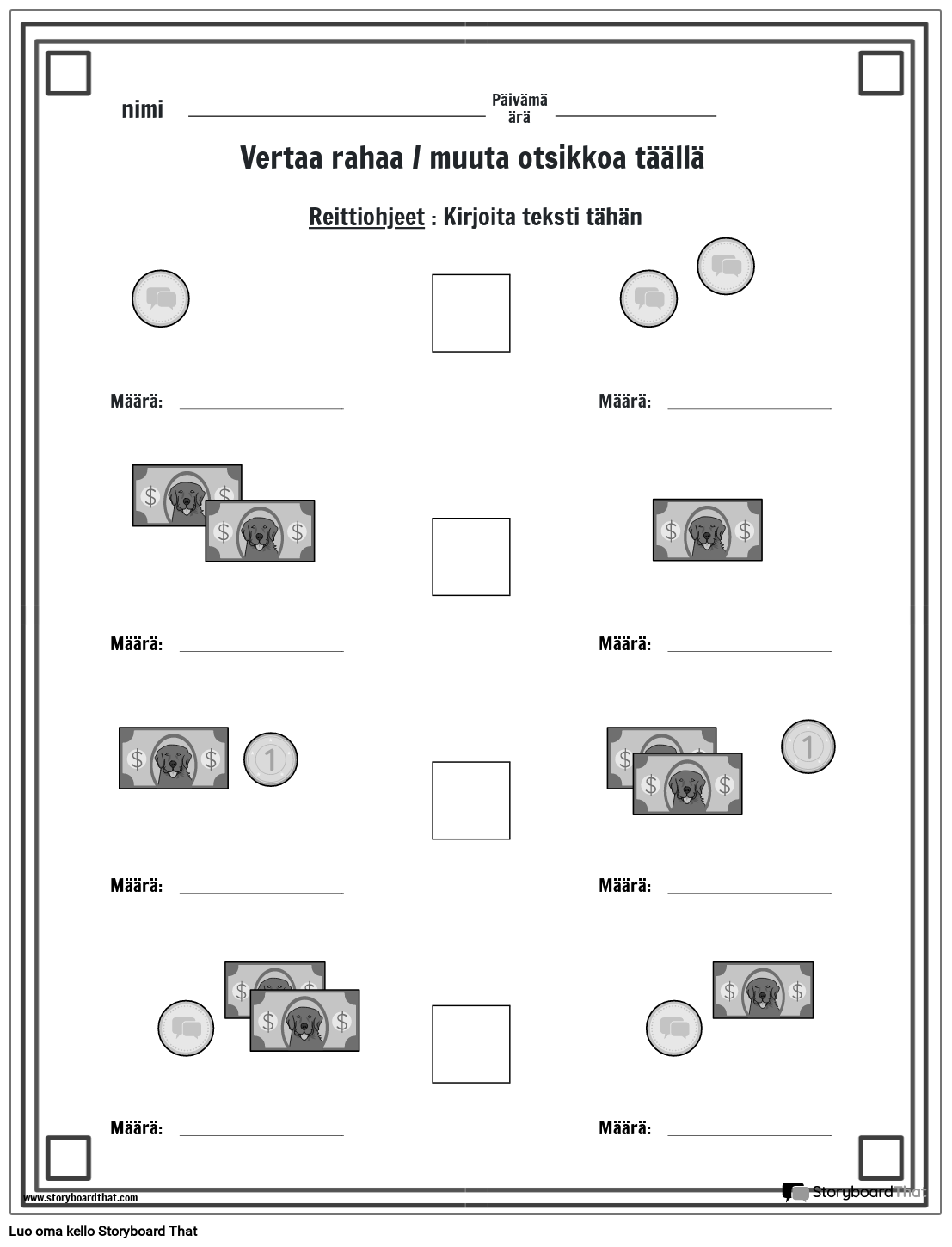 Money Worksheet - Vertaa Rahaa - BW