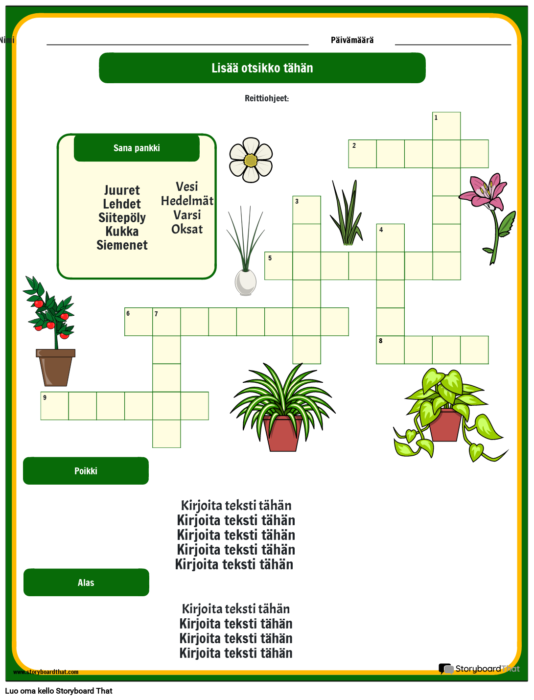 Plant Vocabulary Cross Word -työtaulukko