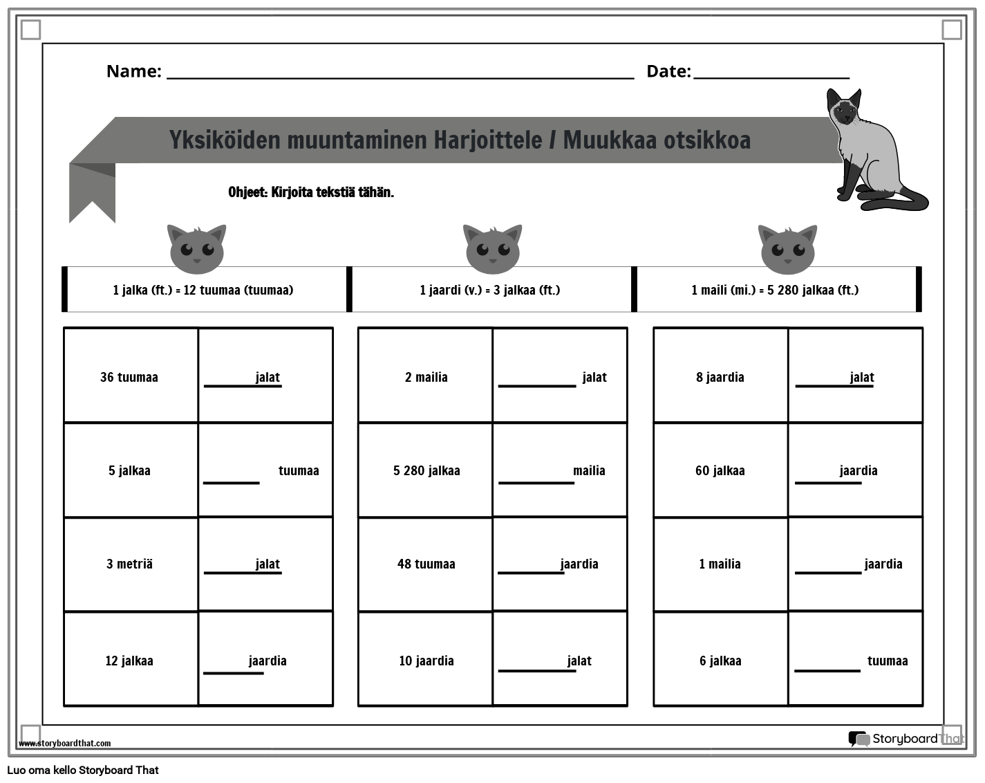 US Measurement Worksheet with Cats B&W