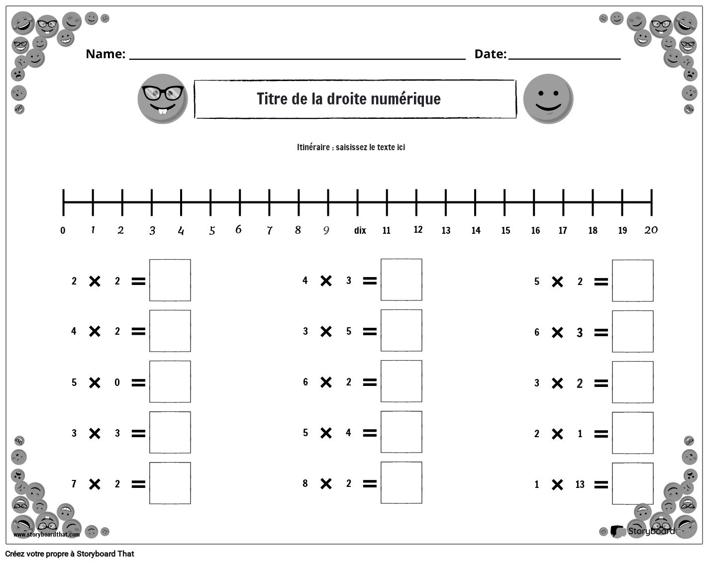 feuille de calcul de la ligne numérique emoji noir et blanc
