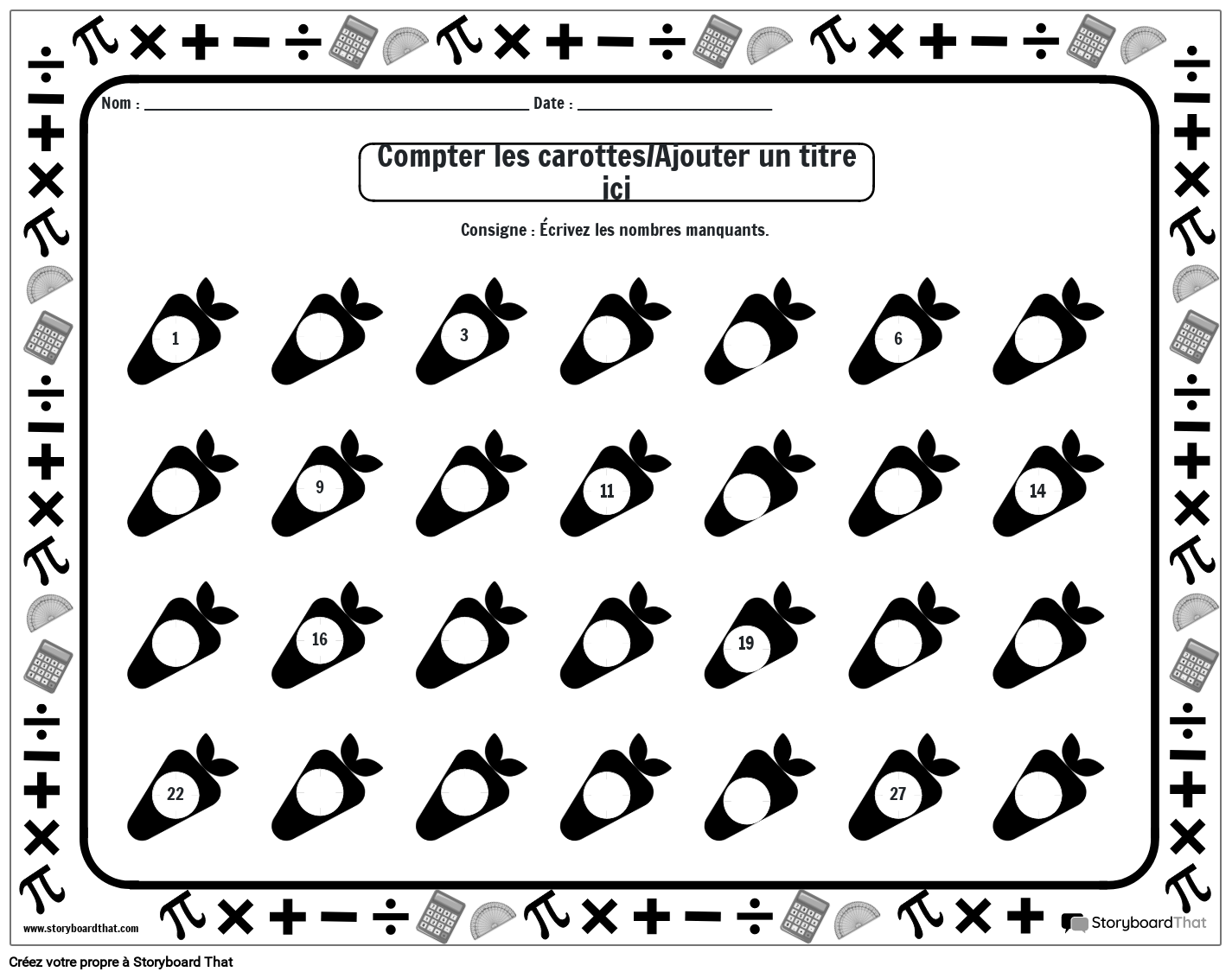 Feuille de calcul des nombres manquants avec des carottes (noir et blanc)