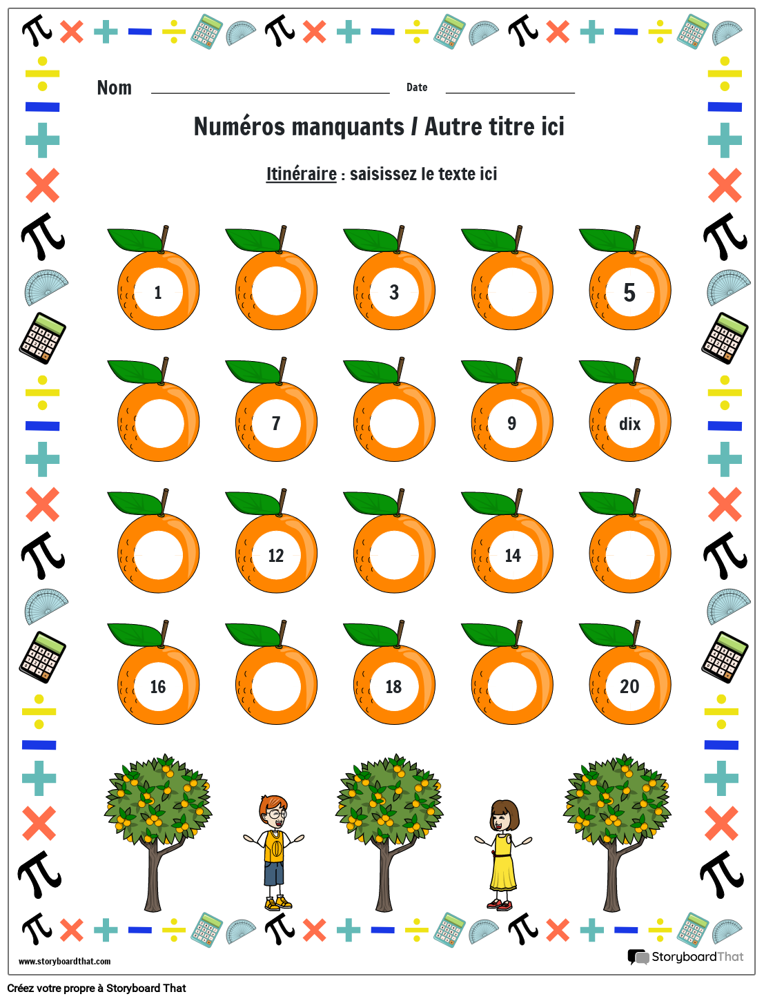 Feuille de calcul des nombres manquants avec des oranges