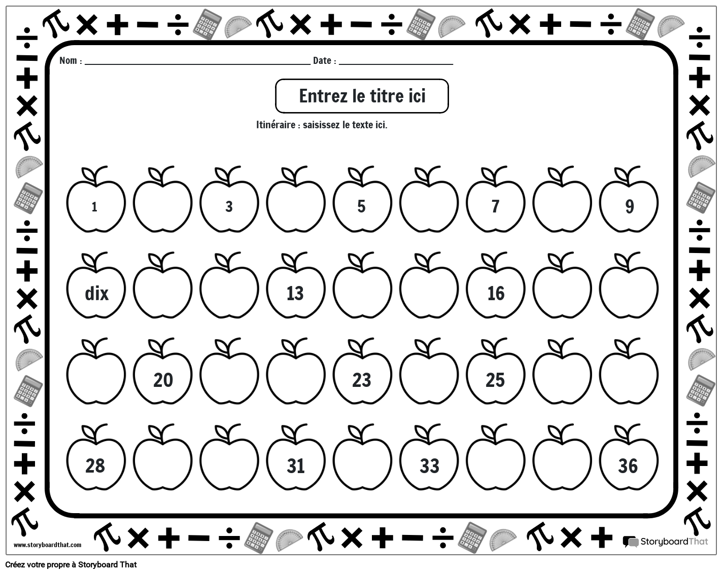 Feuille de calcul des nombres manquants avec des pommes (noir et blanc)