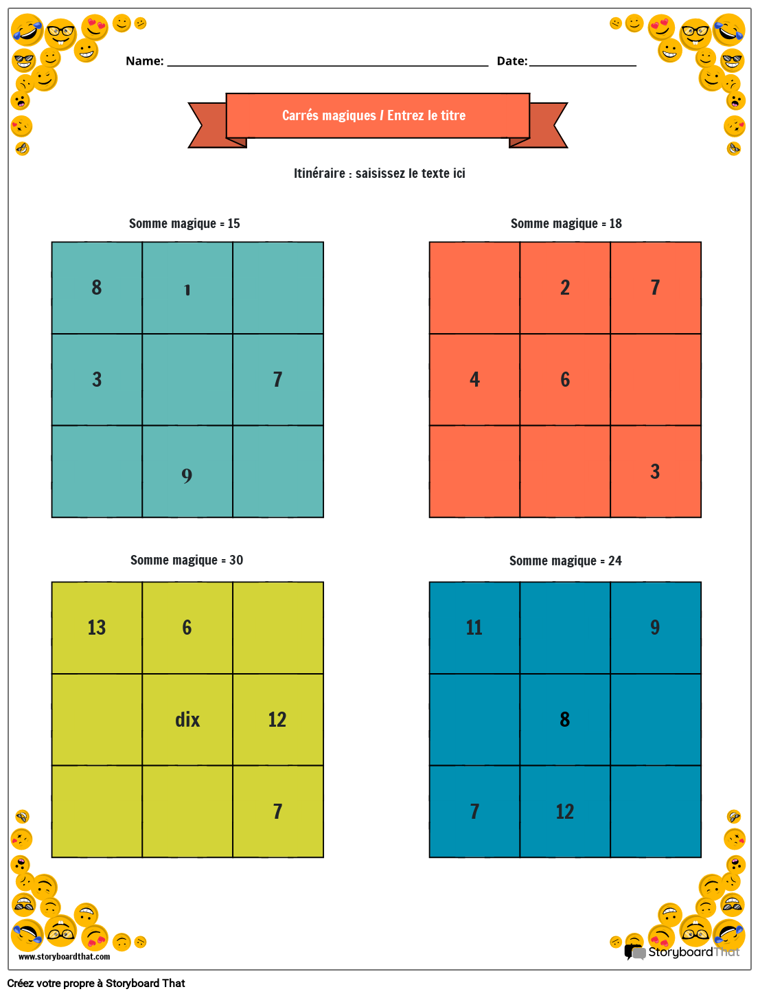 Feuille de travail sur les carrés magiques 3x3 avec bordure souriante