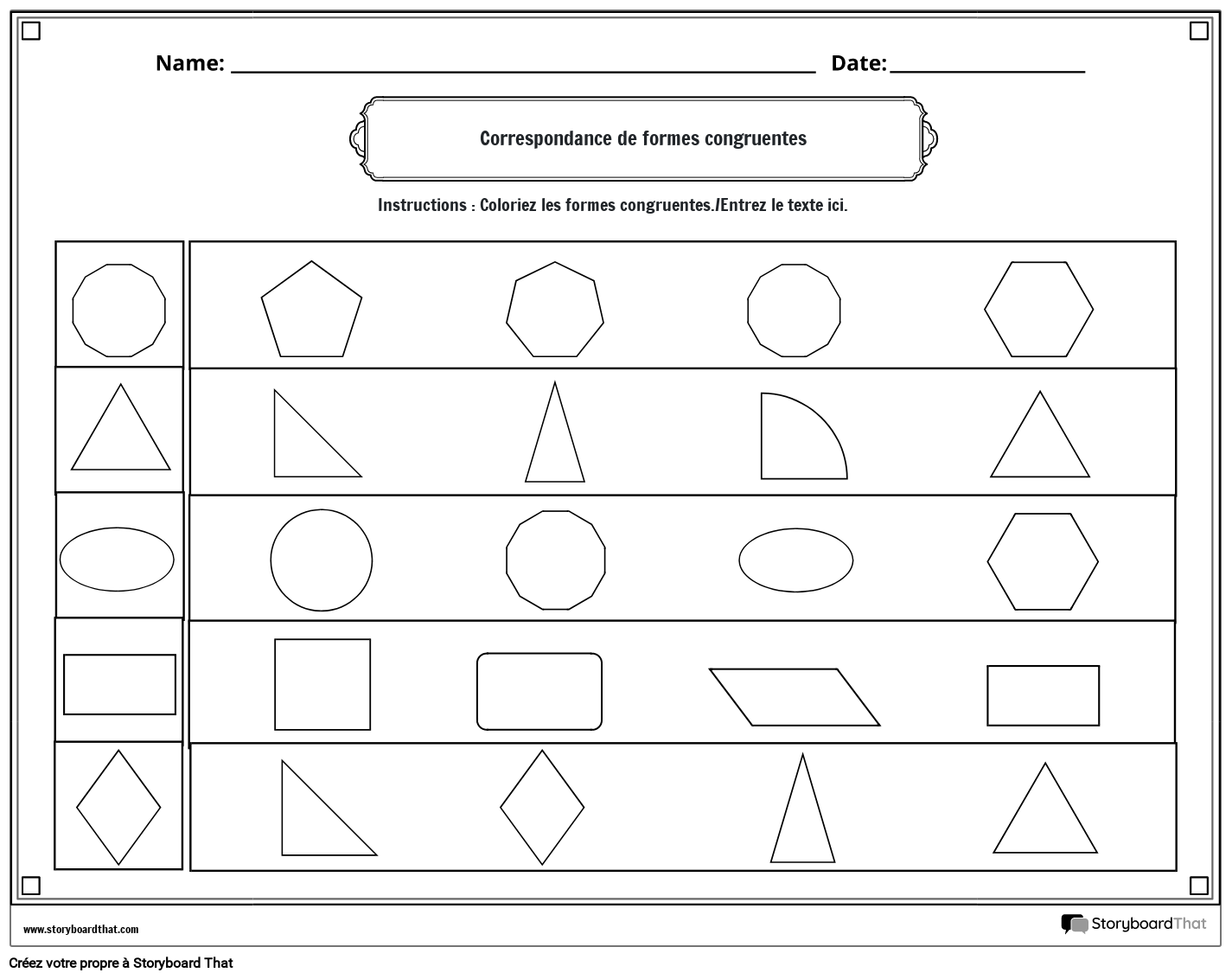 Feuille de travail sur les formes congruentes avec coloration (noir et blan