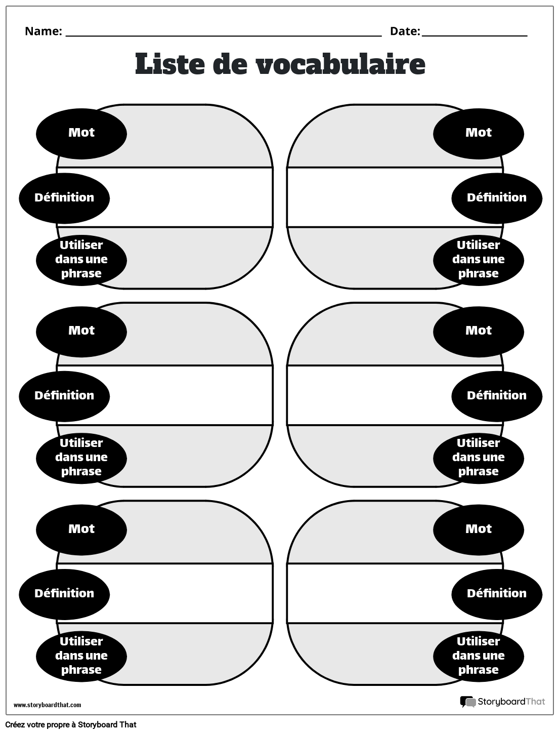 Nouveau modèle de vocabulaire de page de création 3 (noir et blanc)