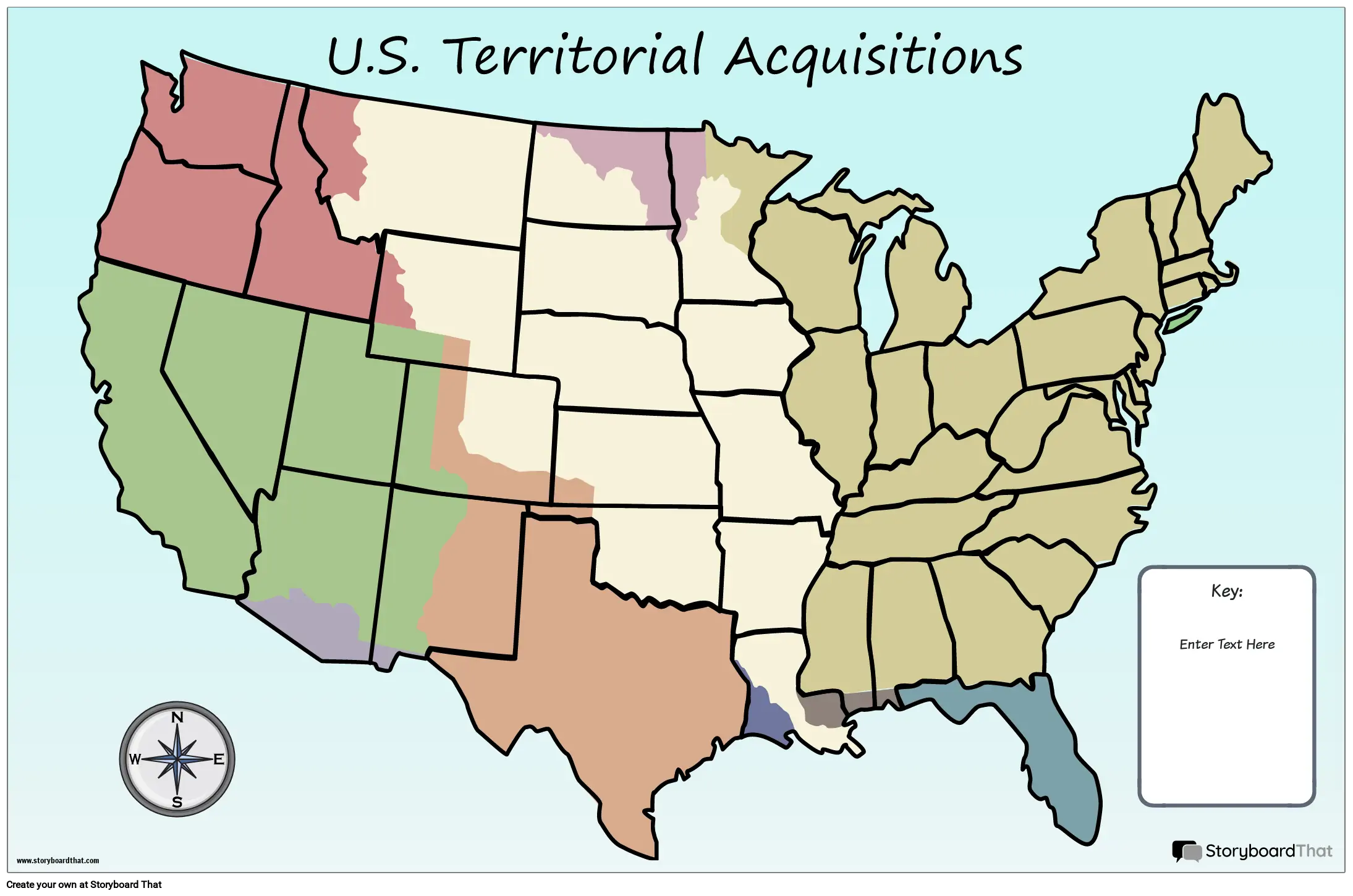 פוסטר מפה 23 צבע נוף ארה"ב רכישות טריטוריאליות