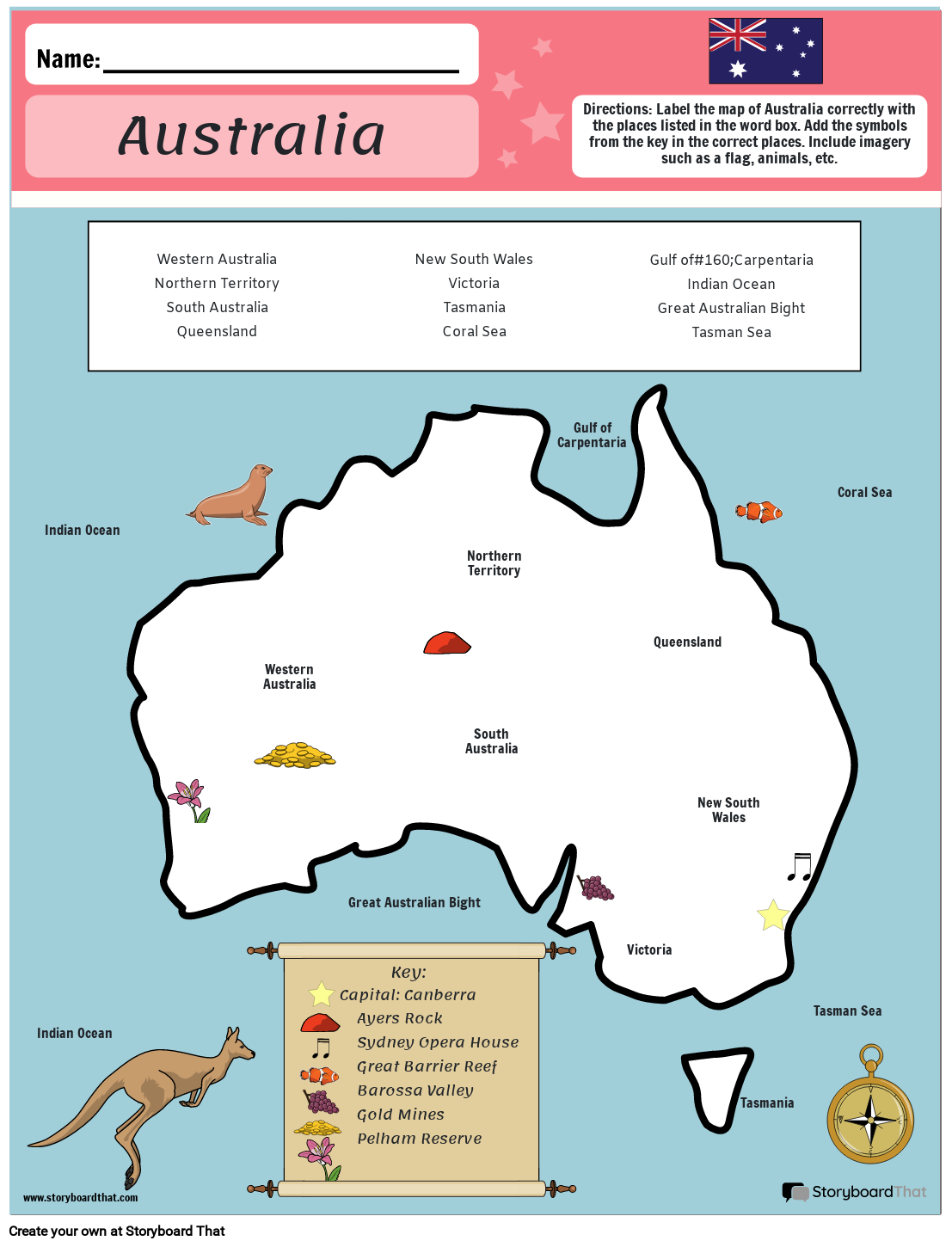मानचित्र वर्कशीट उदाहरण ऑस्ट्रेलिया