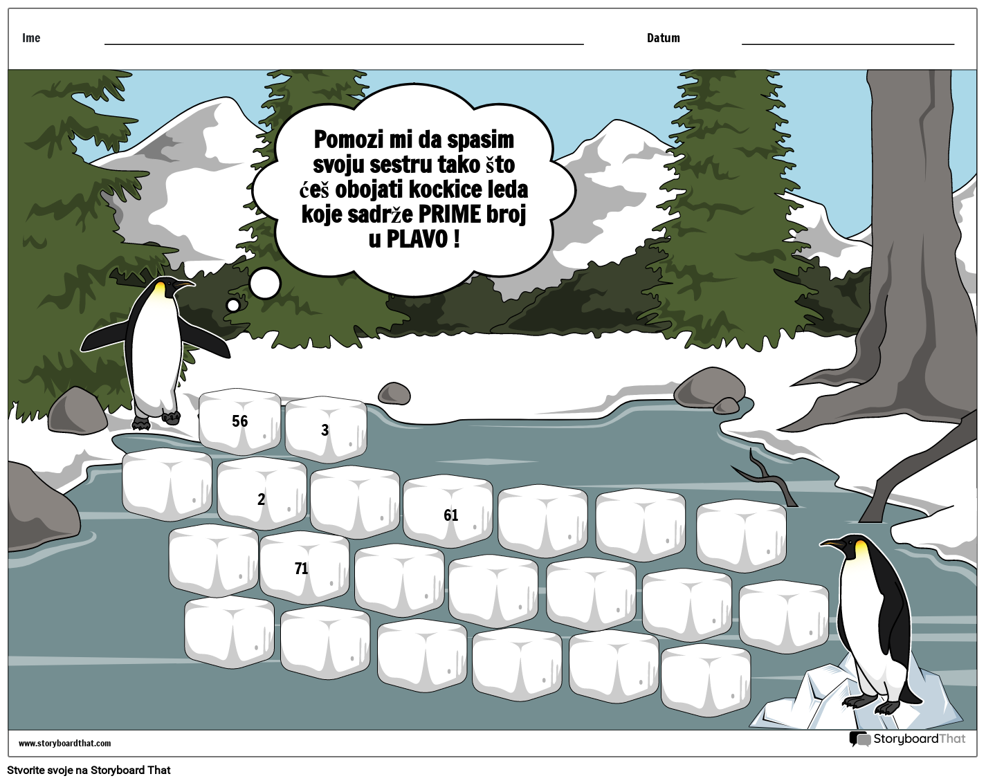 Labirint Pingvina - Radni List s Prostim Brojevima
