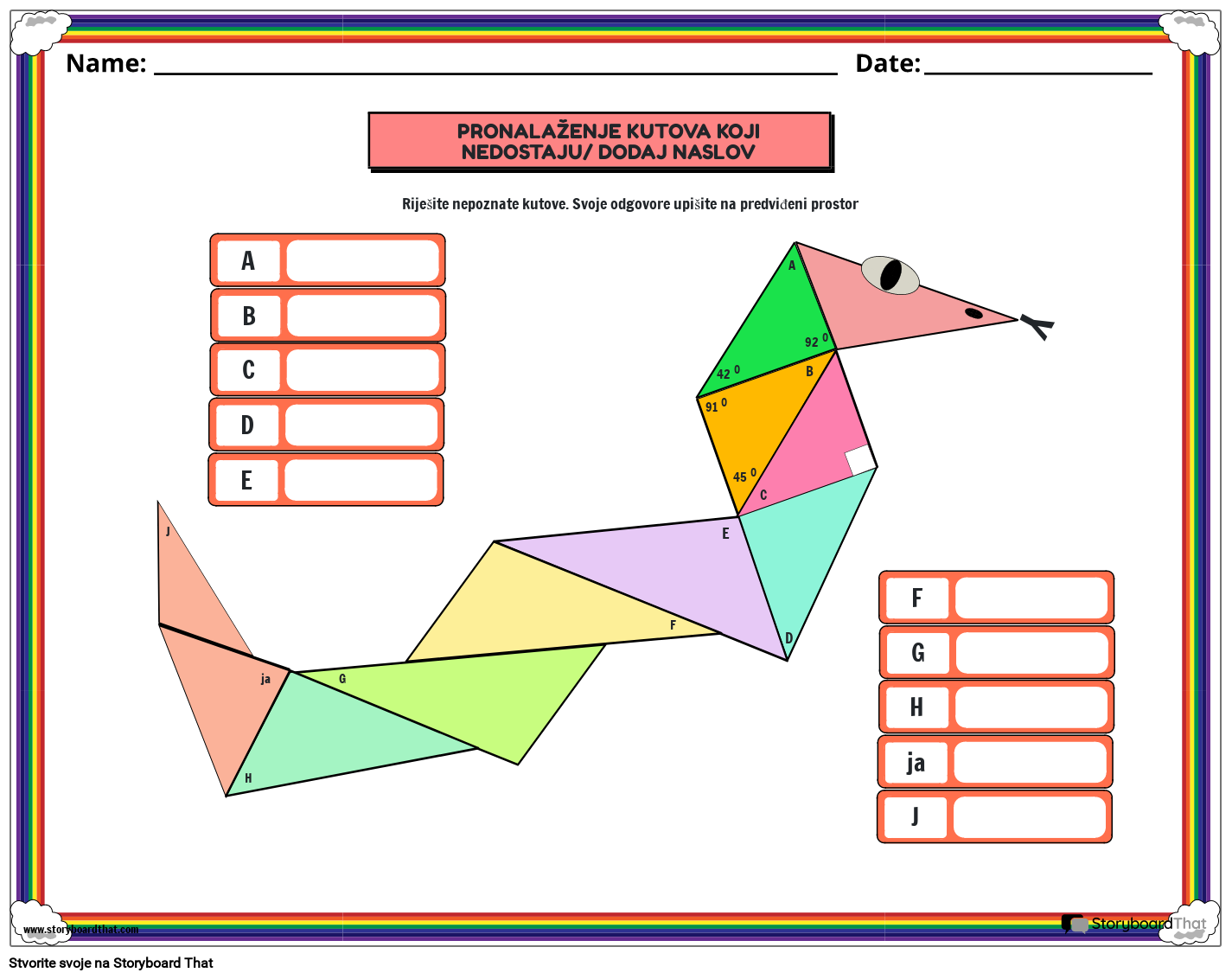 Mjerenje kutova u radnom listu trokuta sa šarenom trokutastom zmijom