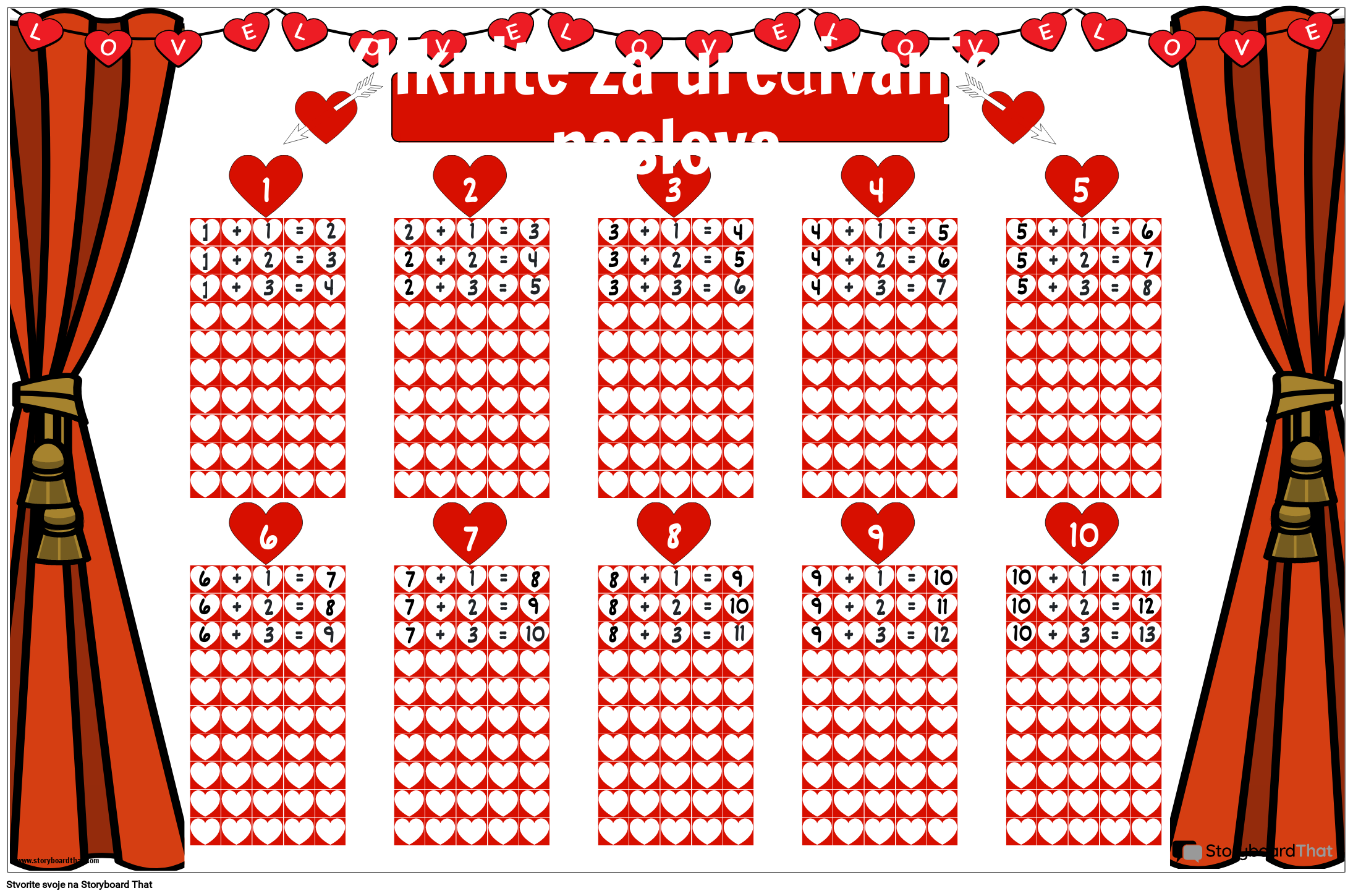 Poster s tablicama zbrajanja s motivima srca za besplatni ispis