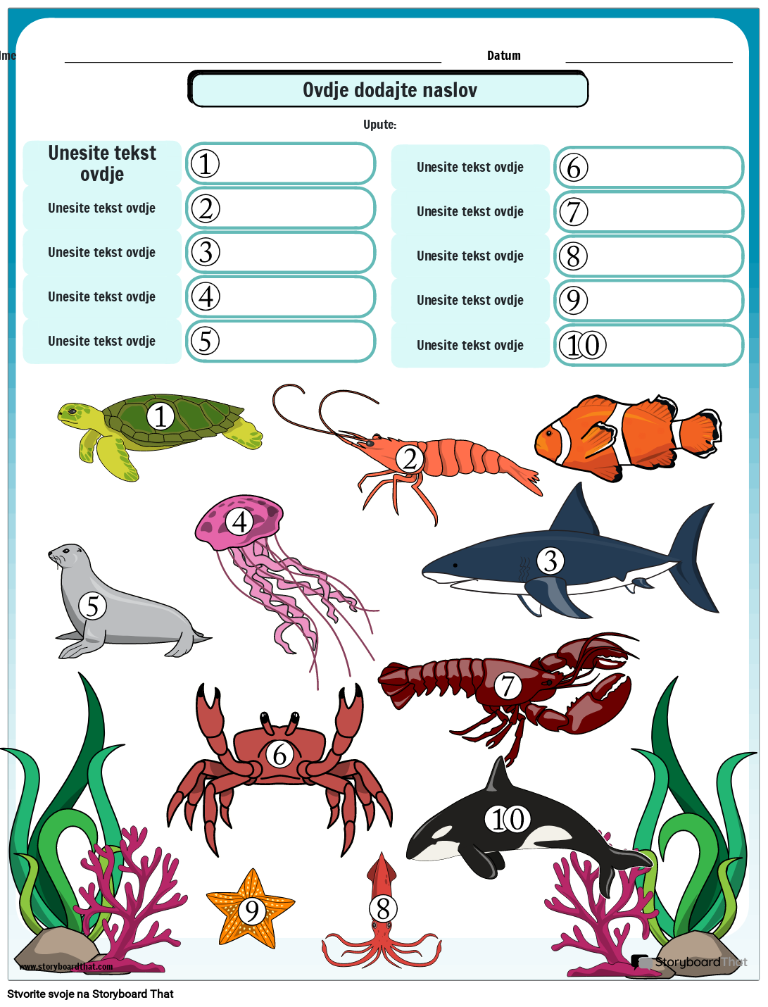 Radni List iz Rječnika Oceanskih Životinja