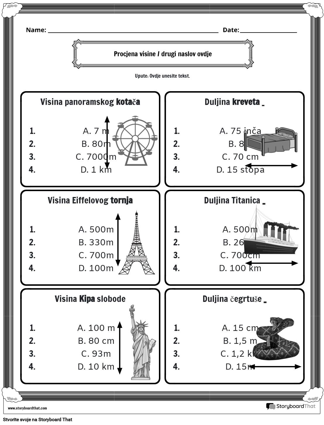 Radni list metričkog sustava mjerenja predmeta (crno-bijeli)