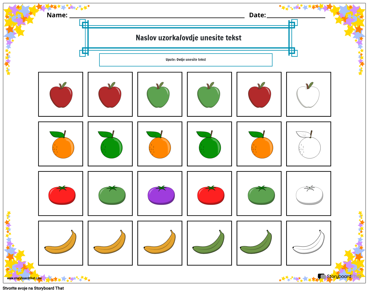 Radni list s obrascima u boji voća