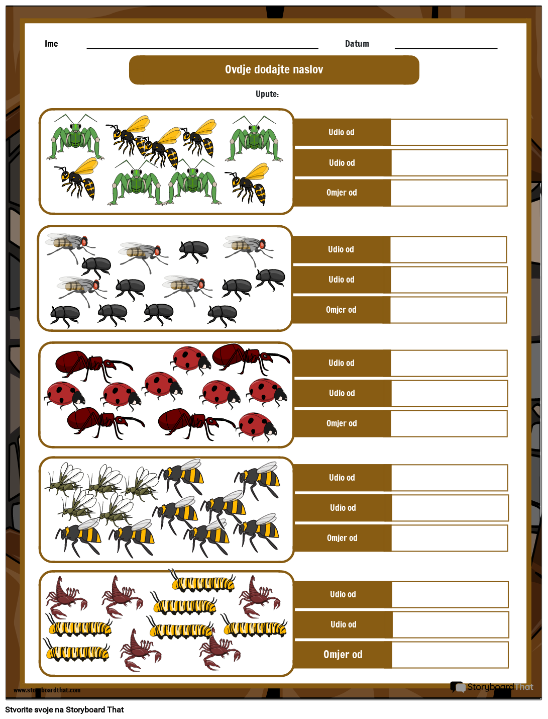 Radni List s Proporcijama na Temu Insekata