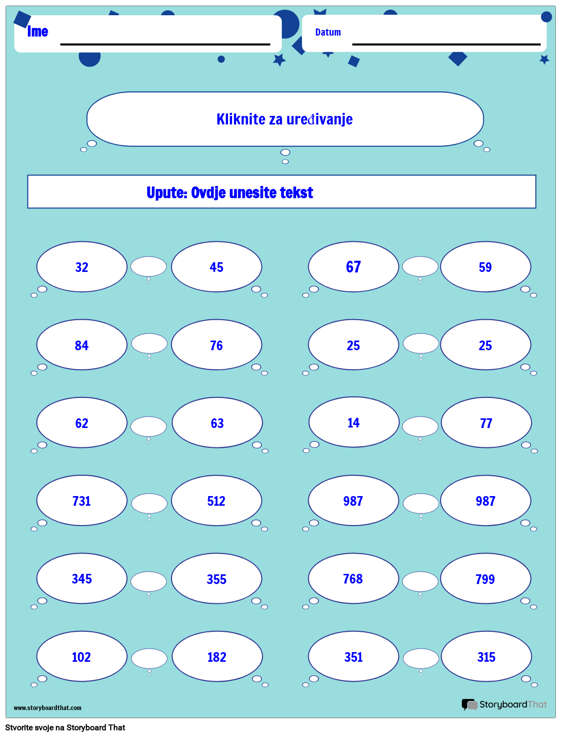 Radni list usporedbe brojeva s mjehurićima