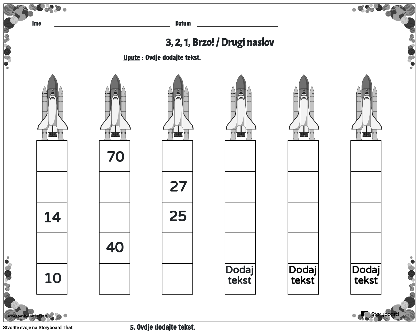 Radni list za preskakanje brojanja sa svemirskim brodovima - BW