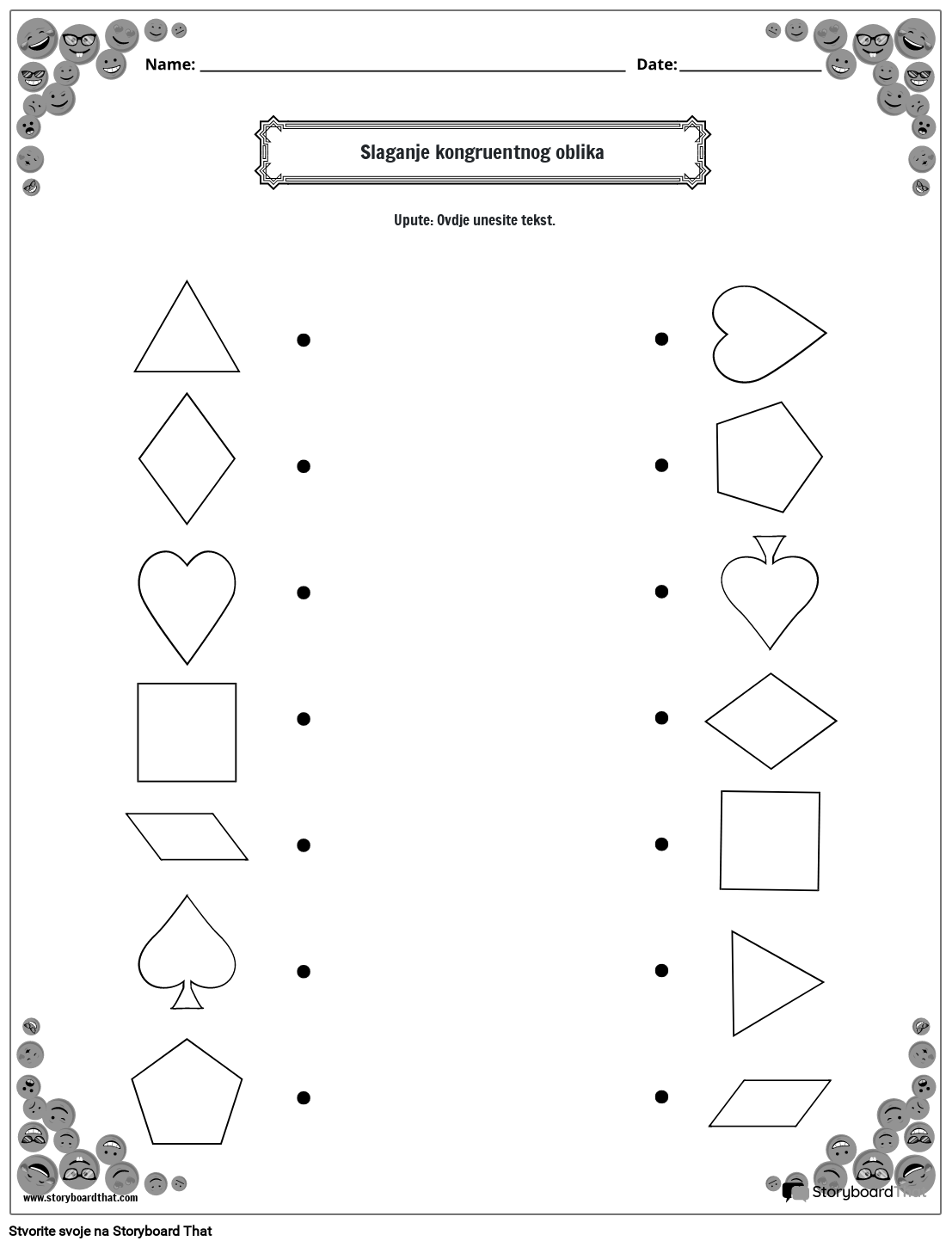 Radni list za usklađivanje podudarnih oblika s rubom smajlića (crno-bijelo