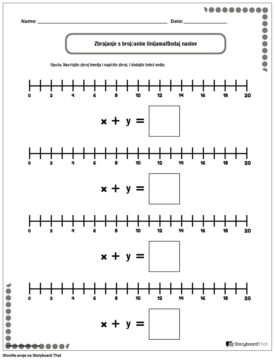 Radni list za zbrajanje brojčanih linija s točkastim rubom - crno-bijelo