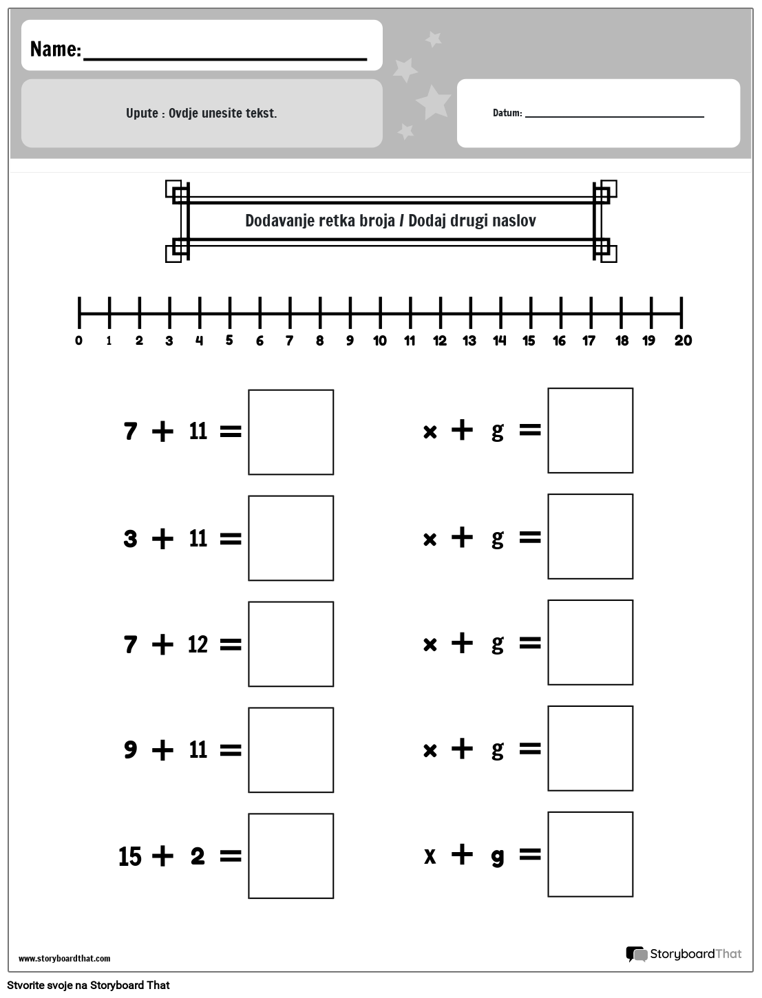 Radni list za zbrajanje redova brojeva (crno-bijeli)