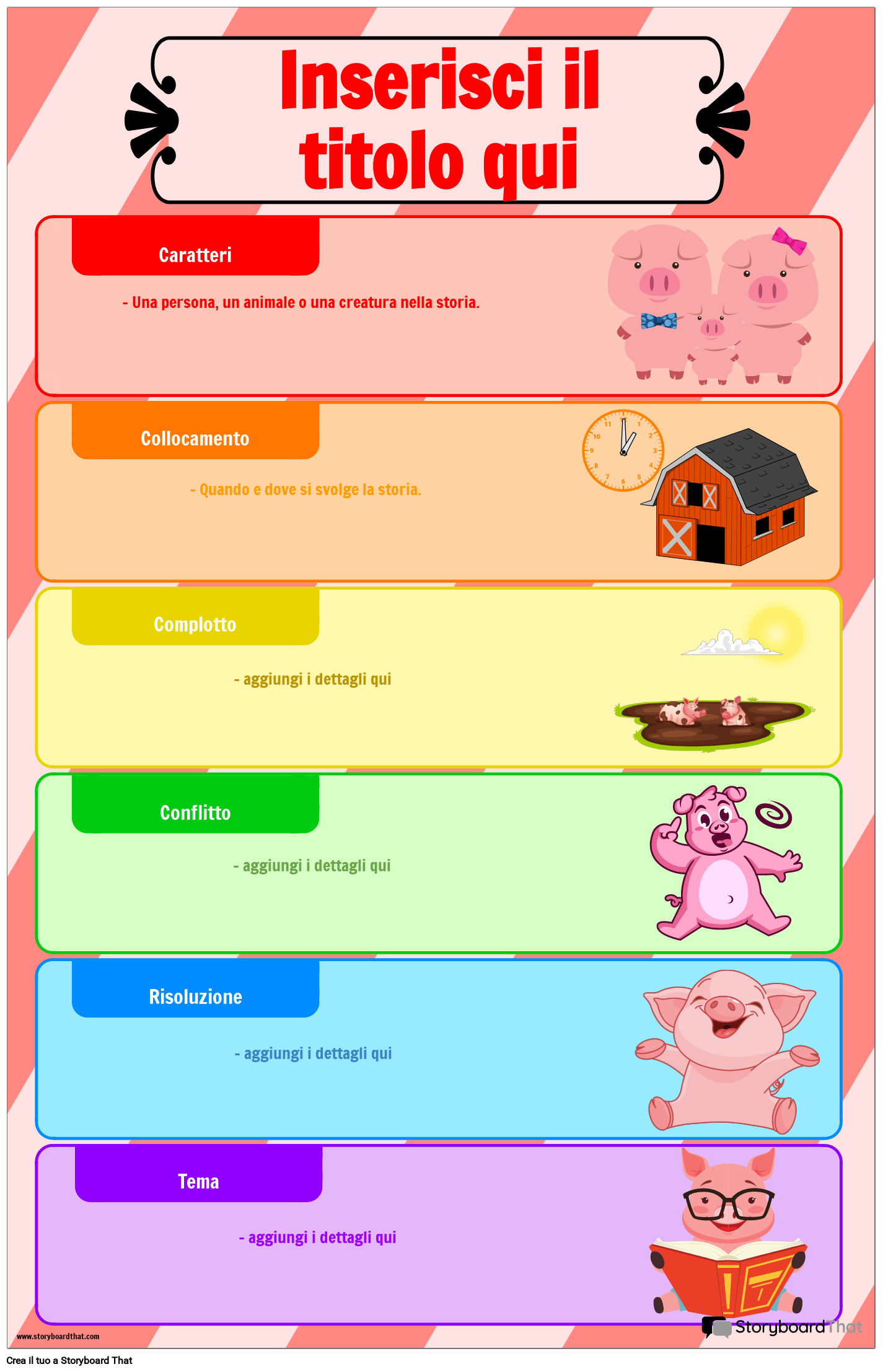 Elementi a tema maiale di un poster di una storia